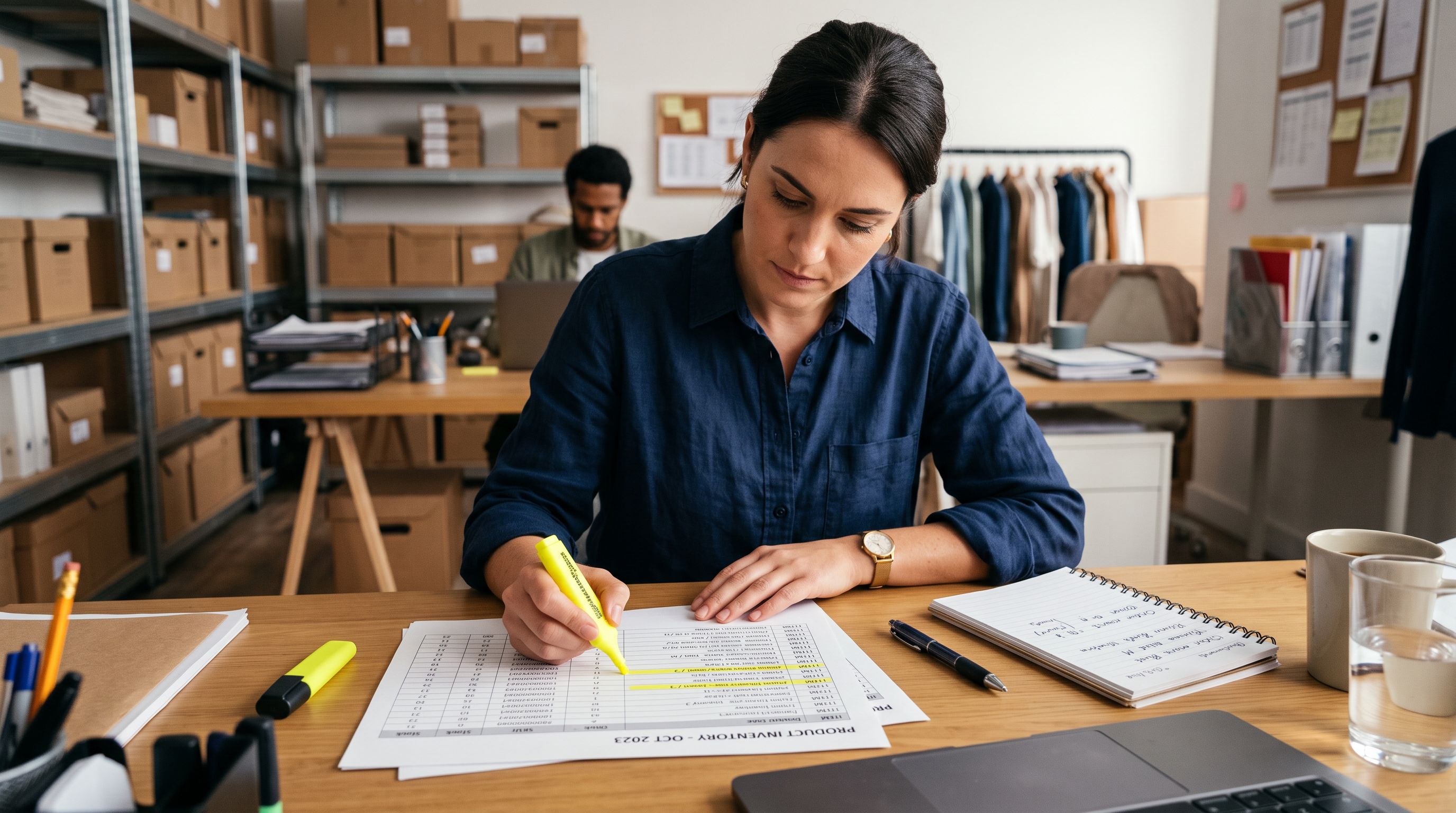 Merchant at a retail office desk reviewing a printed product inventory list, using a yellow highlighter to mark specific rows, pen and notes beside the sheet.