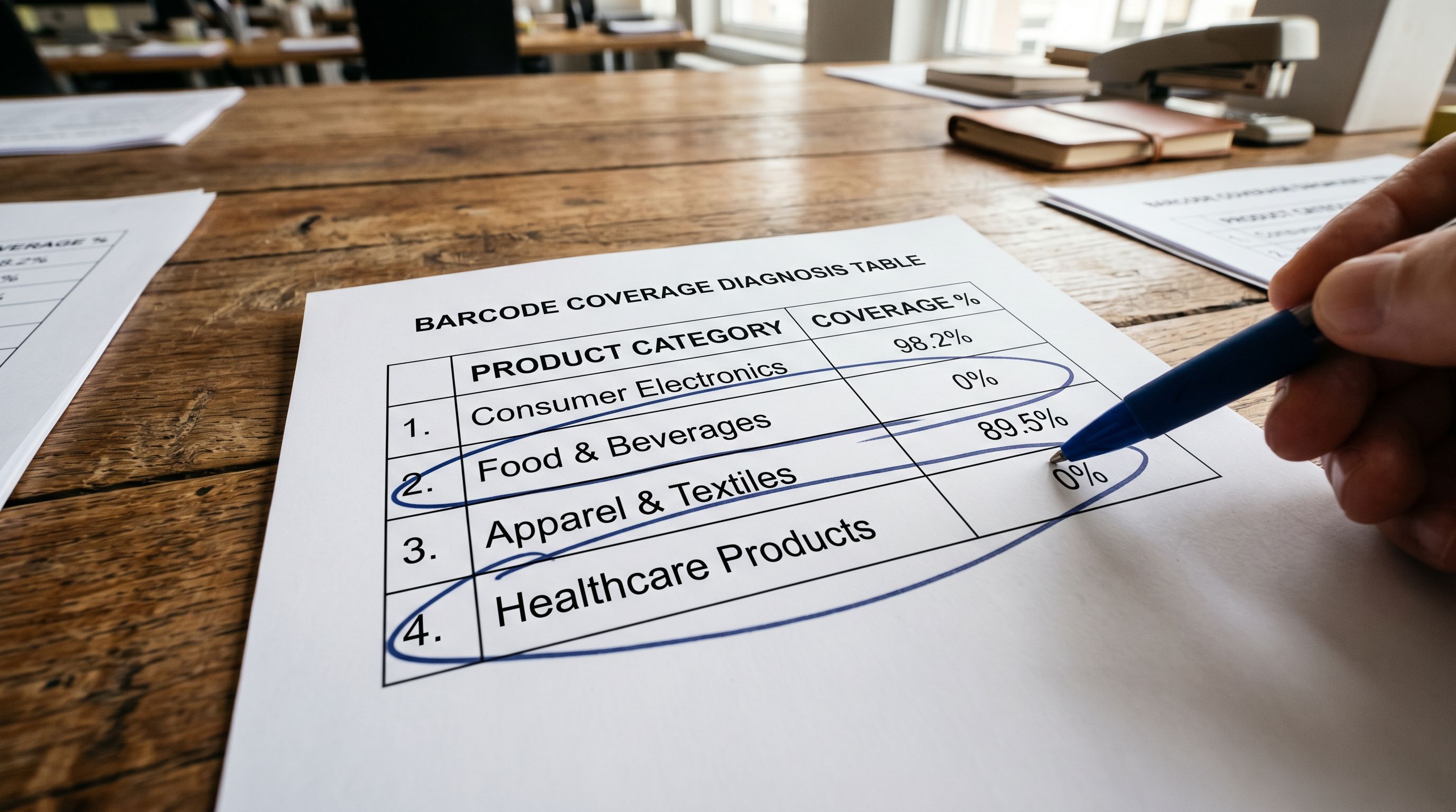 Printed GTIN gap diagnosis table on a wooden desk showing four product category rows each with a barcode coverage percentage and a fix action note beside it, a pen circling the two categories with zero percent coverage.