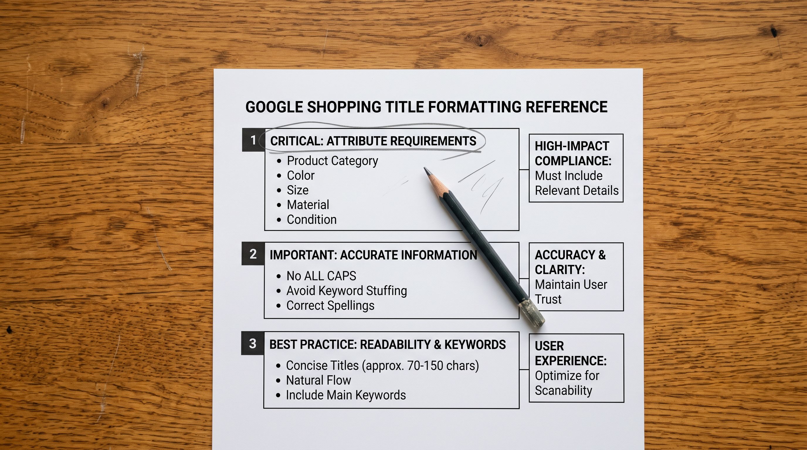 Printed Google Shopping title formatting reference card on a wooden desk showing three sections labelled truncation rule, all-caps policy, and attribute requirements, each with a short handwritten note and an example beside it, a pencil underlining the attribute requirements section.