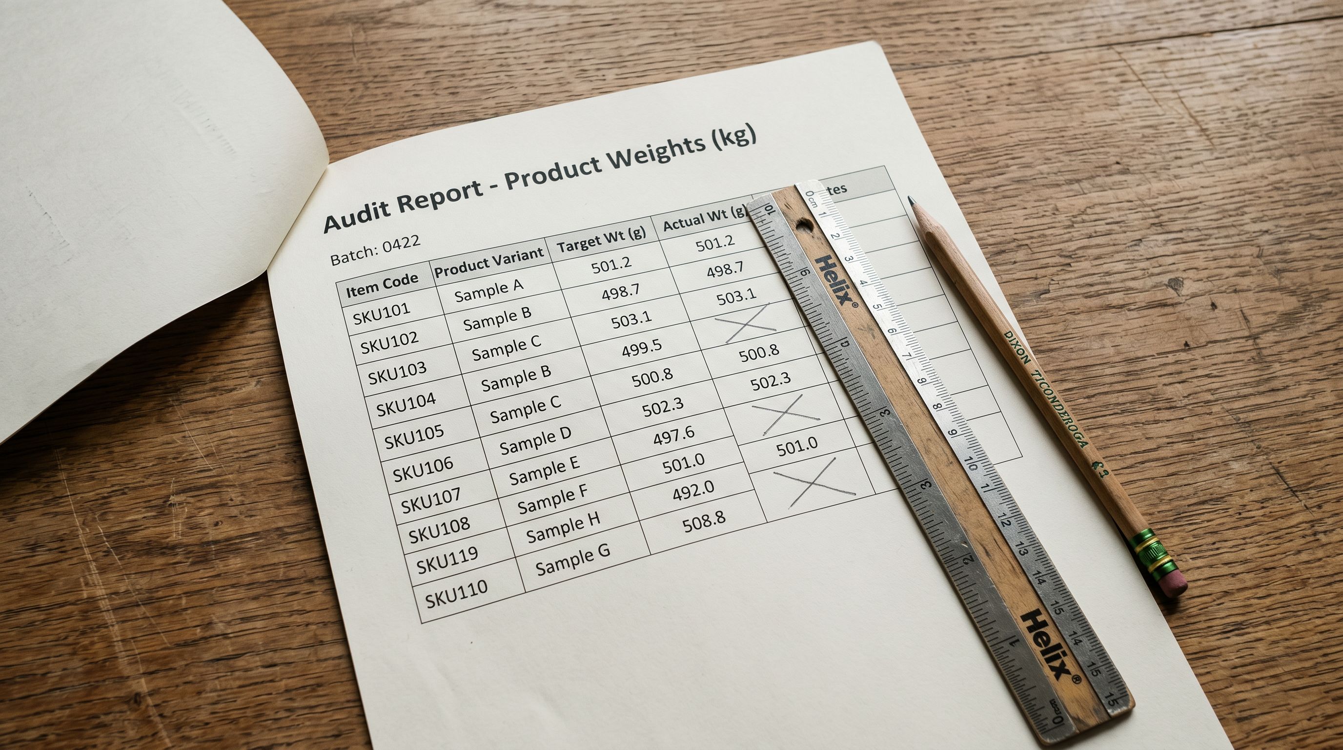 Printed product weight audit results table on a wooden desk showing product variant rows with a weight column beside each, blank cells highlighted in three rows representing missing weight values, a ruler marking the column and a pencil noting the percentage of blank weights.