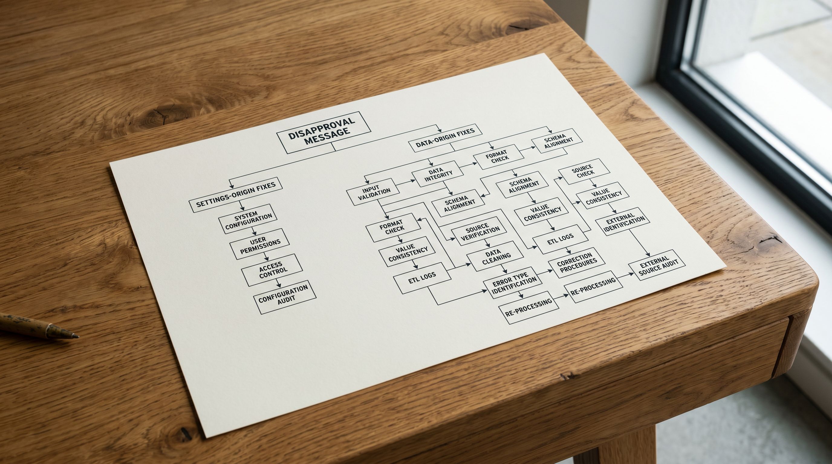 Printed Merchant Centre vs Shopify data diagnostic flowchart on a wooden desk showing a branching decision path starting from a disapproval message, with left branches leading to settings fixes and right branches leading to Shopify data fixes, the right-side branches carrying more nodes representing the higher frequency of data-origin issues.