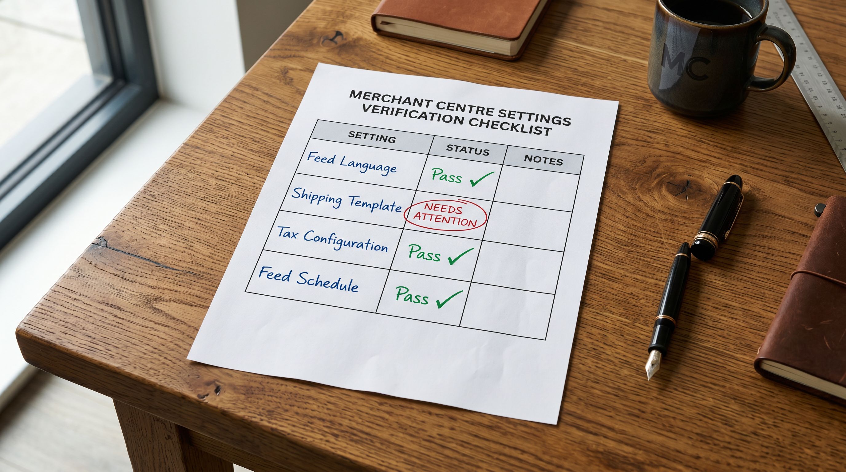 Printed Merchant Centre settings audit checklist on a wooden desk showing four rows for feed language, shipping settings, tax settings, and feed schedule, each with a pass or needs attention label written beside it in handwriting, a pen marking the two rows requiring attention.