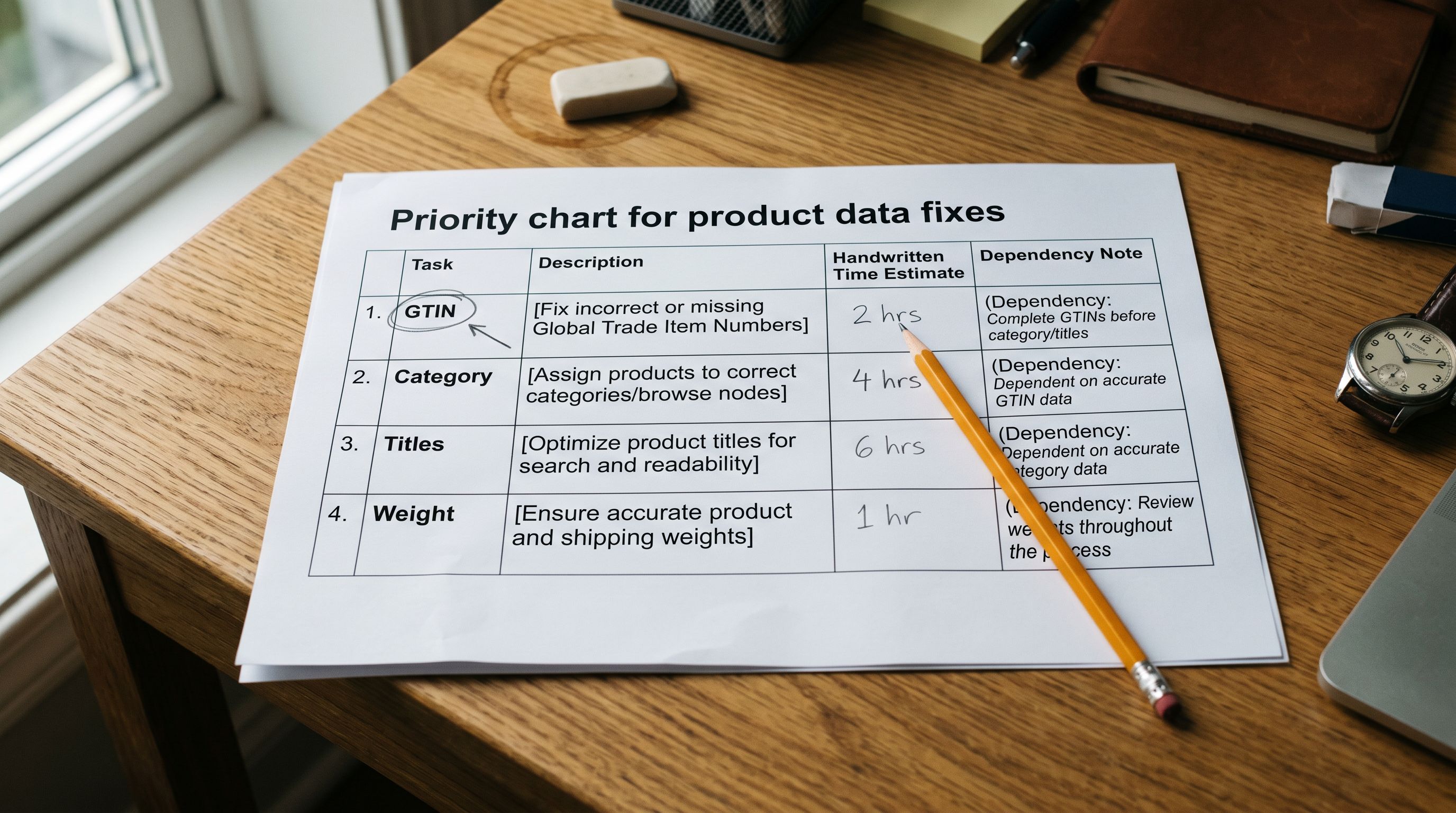 Printed fix sequence priority chart on a wooden desk showing four numbered rows labelled GTIN, category taxonomy, titles and descriptions, and weight, each with a handwritten resolution time estimate and a note on why that fix must complete before the next one starts.