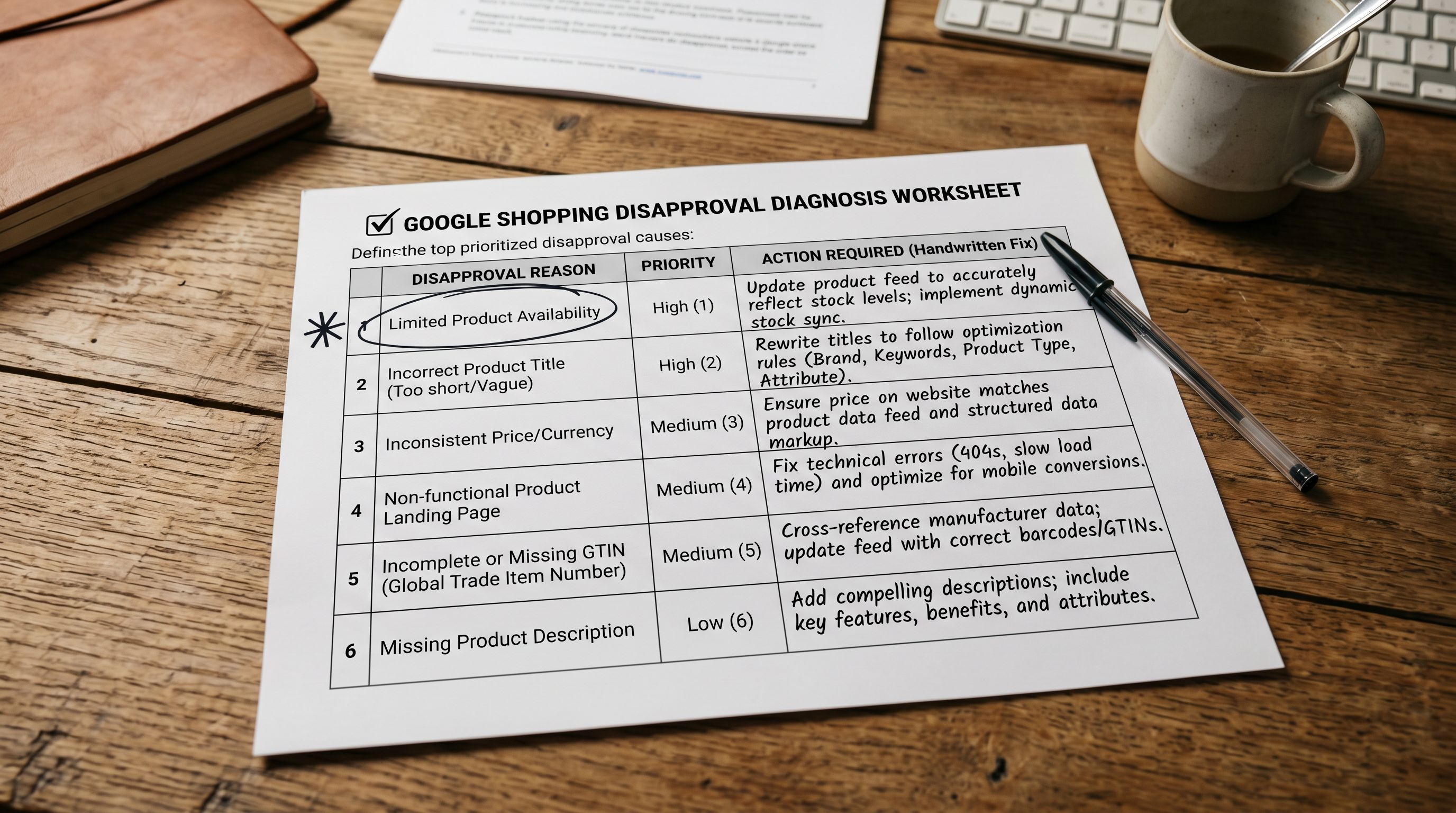 Printed Google Shopping disapproval diagnosis worksheet on a desk showing five labelled root cause rows with a fix action written beside each row and a pen marking the row with the highest impact on impression share.