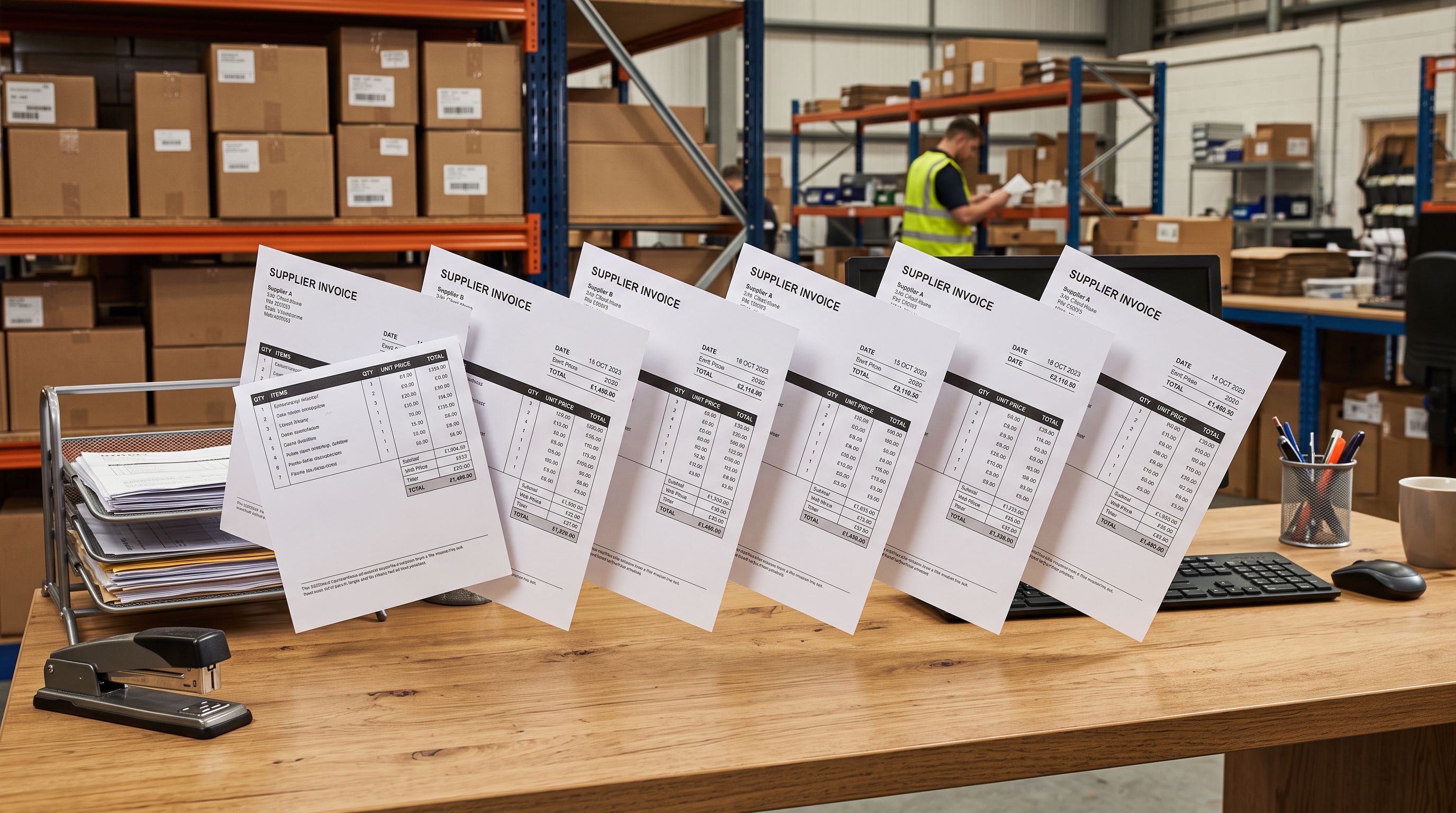 Printed supplier invoice sheets in different column formats fanned out on a warehouse operations desk with a stapler and file tray.