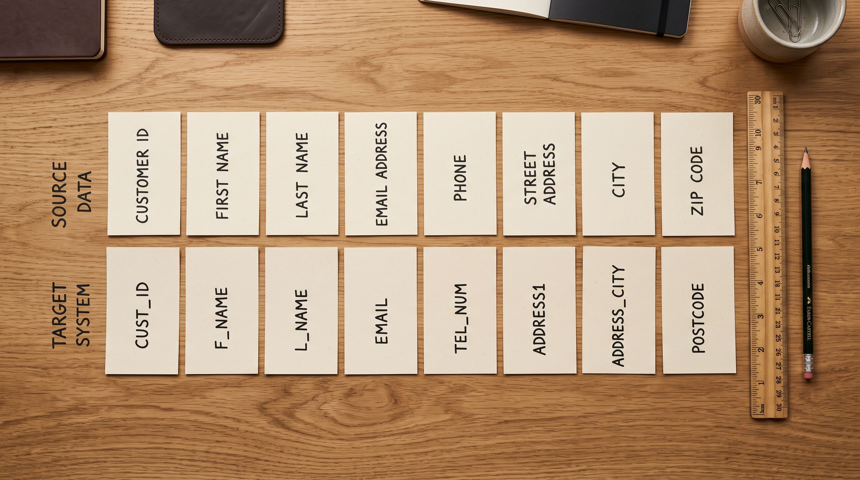 Index cards arranged in two parallel mapping rows on a desk surface with a ruler and pencil aligned beside them.