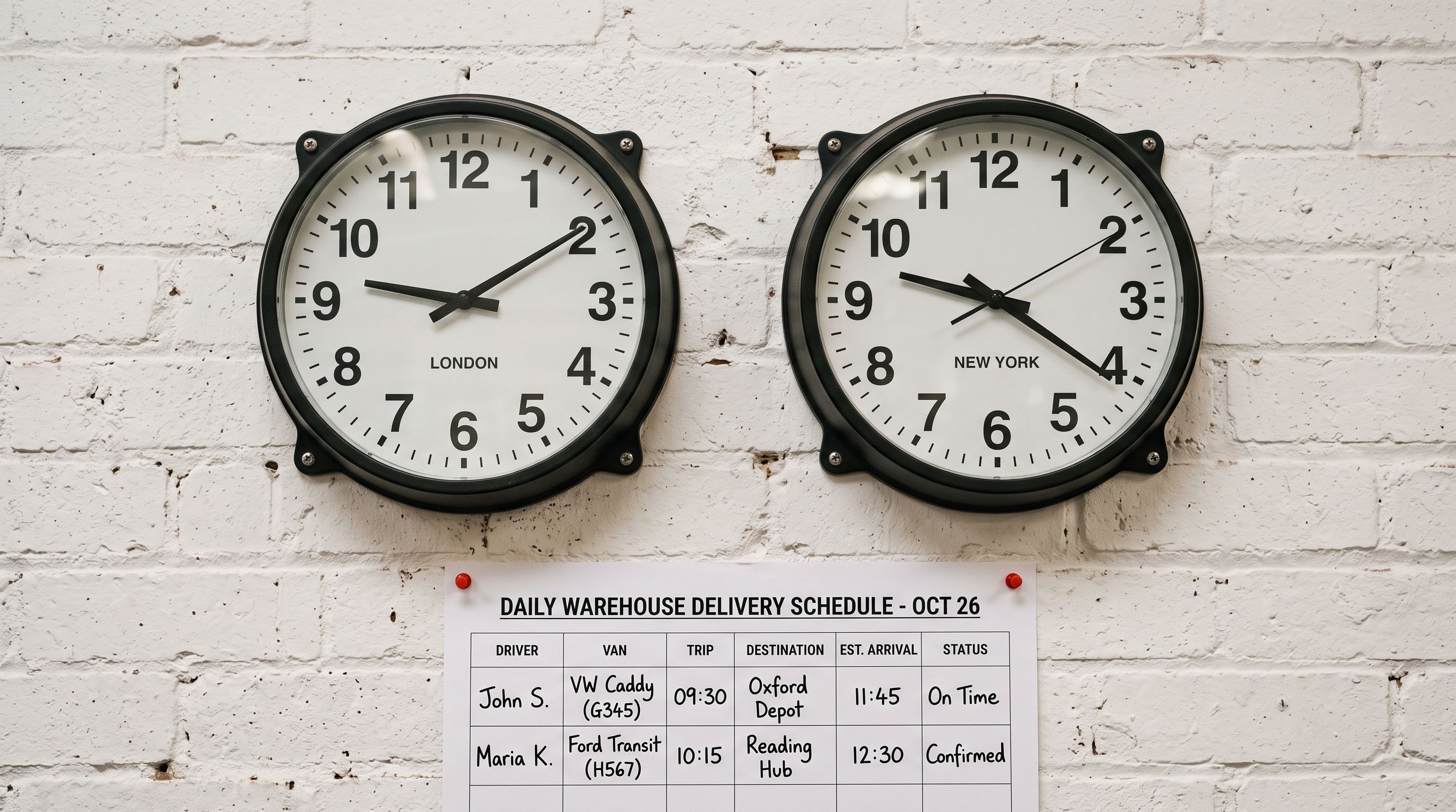 Two analog wall clocks mounted side by side on a warehouse wall each showing a slightly different time with a delivery schedule below.