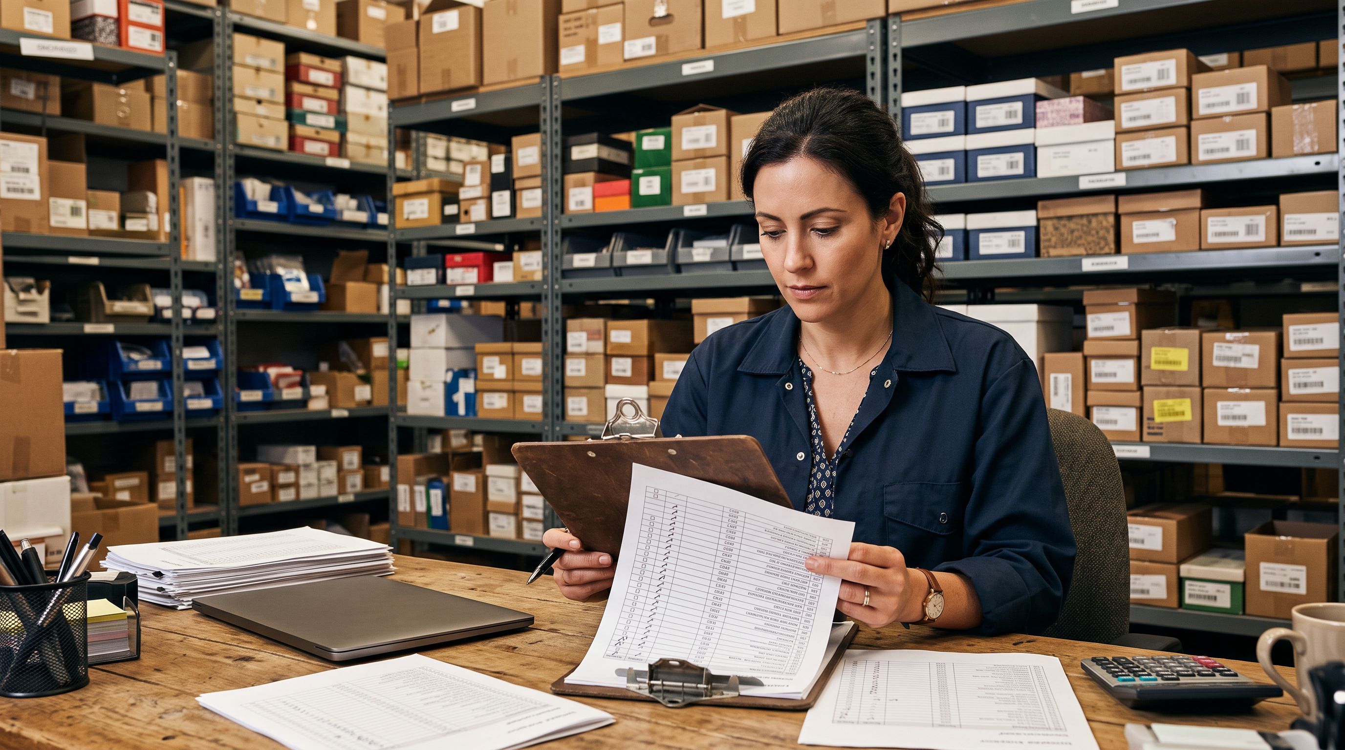 A merchant reviewing a printed multi-page report on a clipboard at a retail stockroom desk, pen in hand marking a checklist, with shelved product boxes behind them.