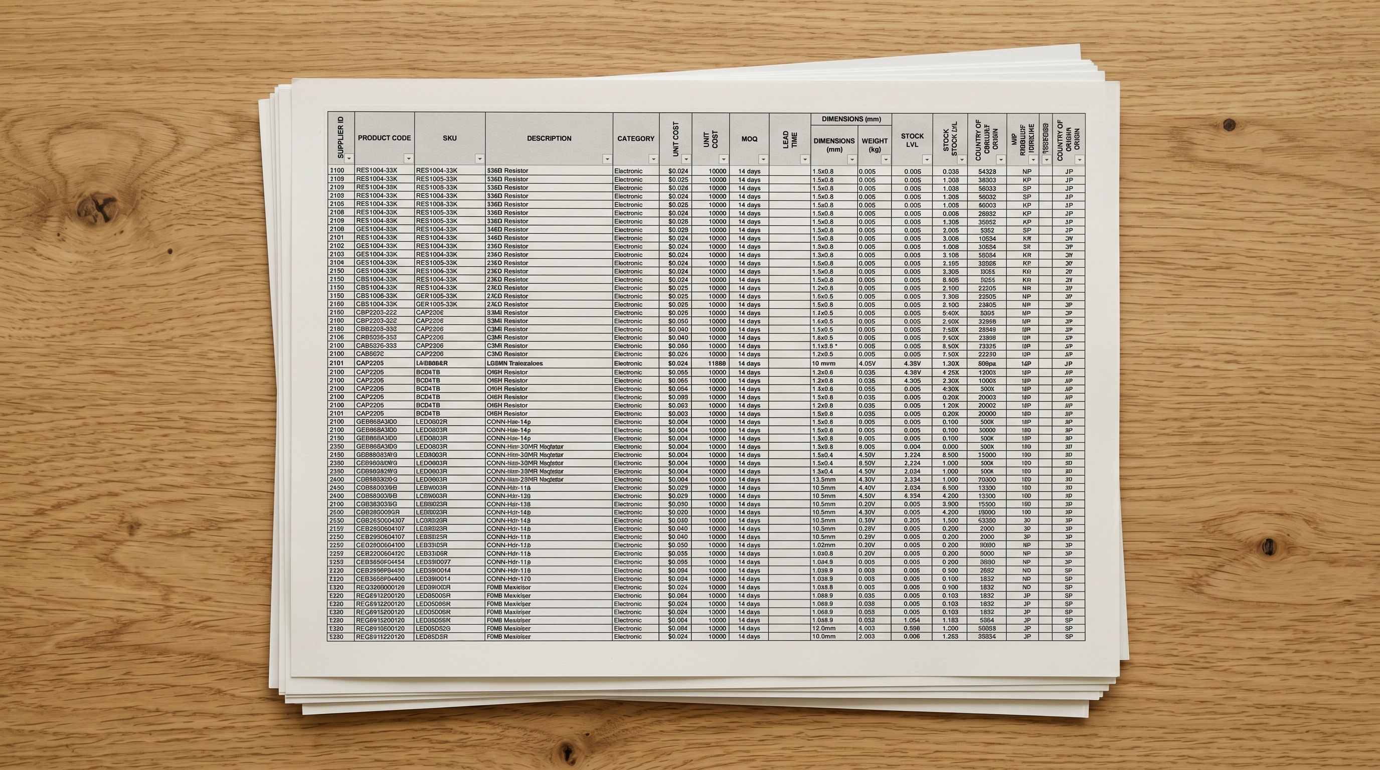 Printed grid-structured supplier data documents stacked neatly on a light oak wooden surface.