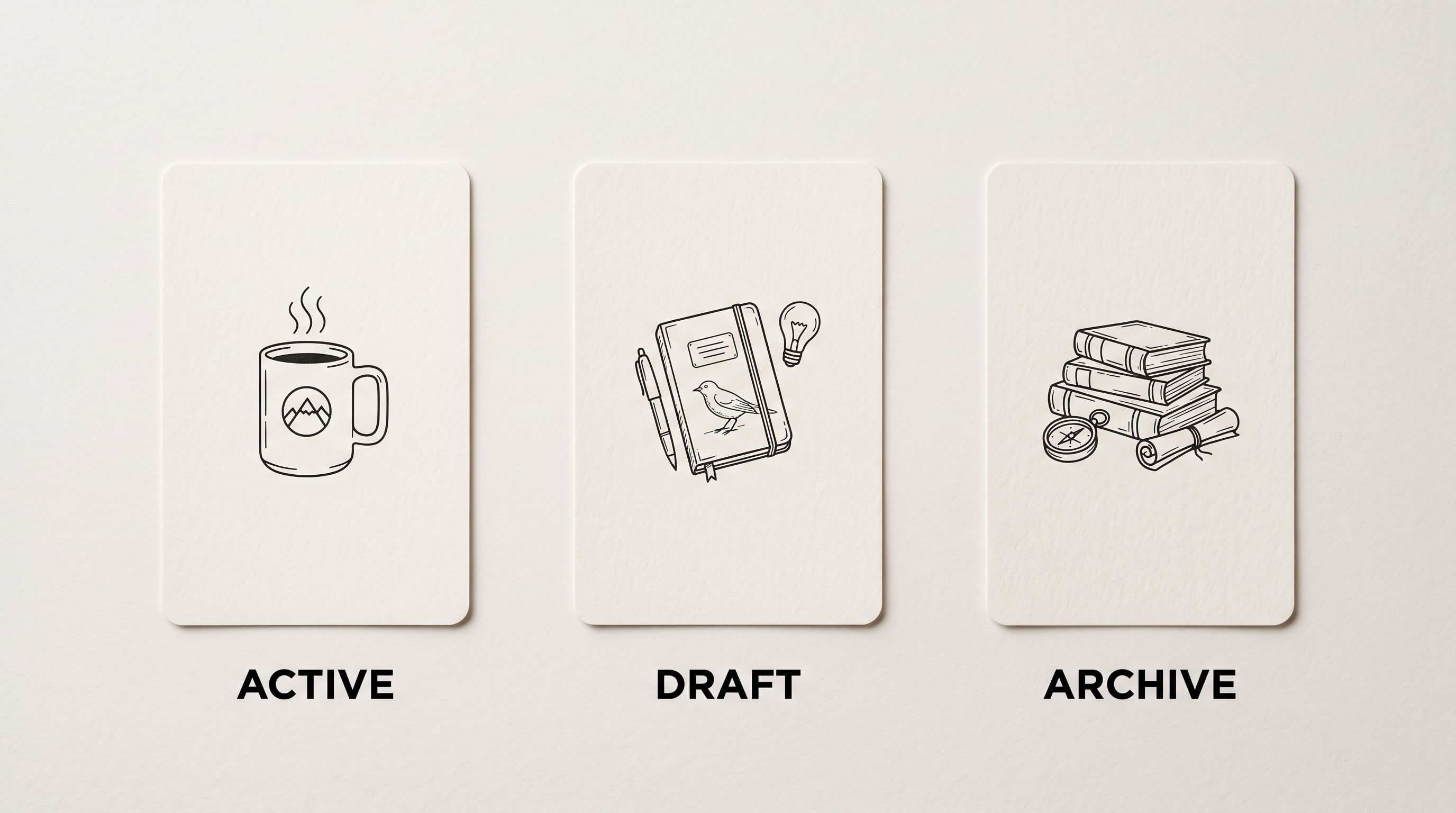 Three printed product cards arranged in a row on a white surface, labelled Active, Draft, and Archive in printed block letters beneath each card, each card showing a different product illustration in simple line style, photographed from directly above under even studio lighting.