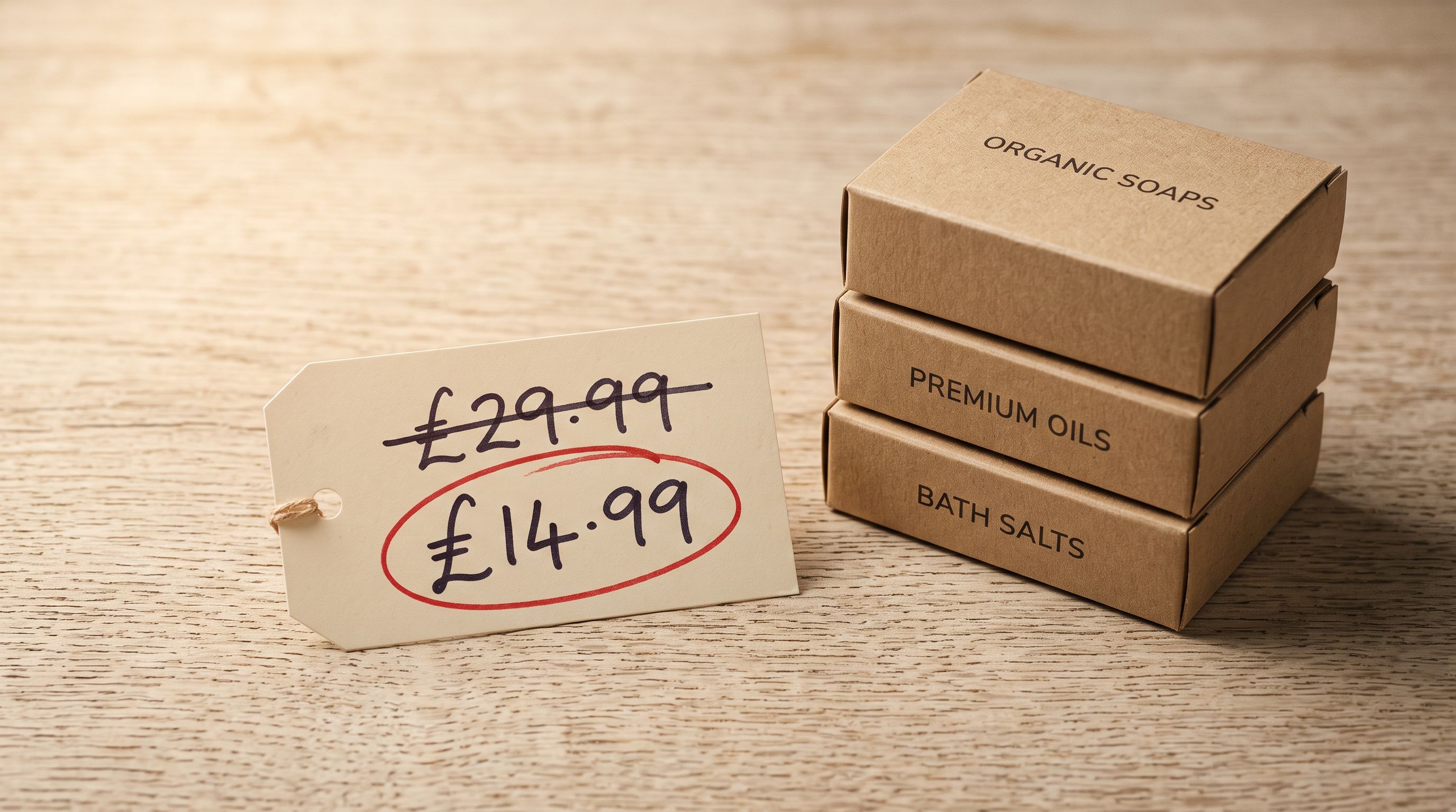 A printed price tag showing two figures, a higher crossed-out price and a lower clearance price circled beneath it, resting on a pale timber surface beside a small stack of product boxes, photographed under warm directional studio lighting.