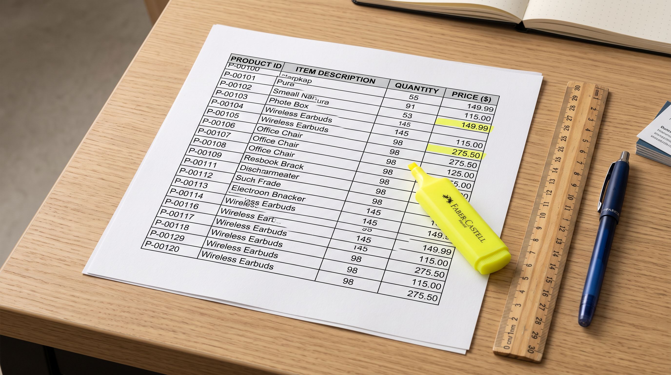 A printed spreadsheet resting on a white desk showing four column headers and product rows, a highlighter marking specific cells in the price column, a ruler beside the sheet, photographed under even studio lighting from slightly above.