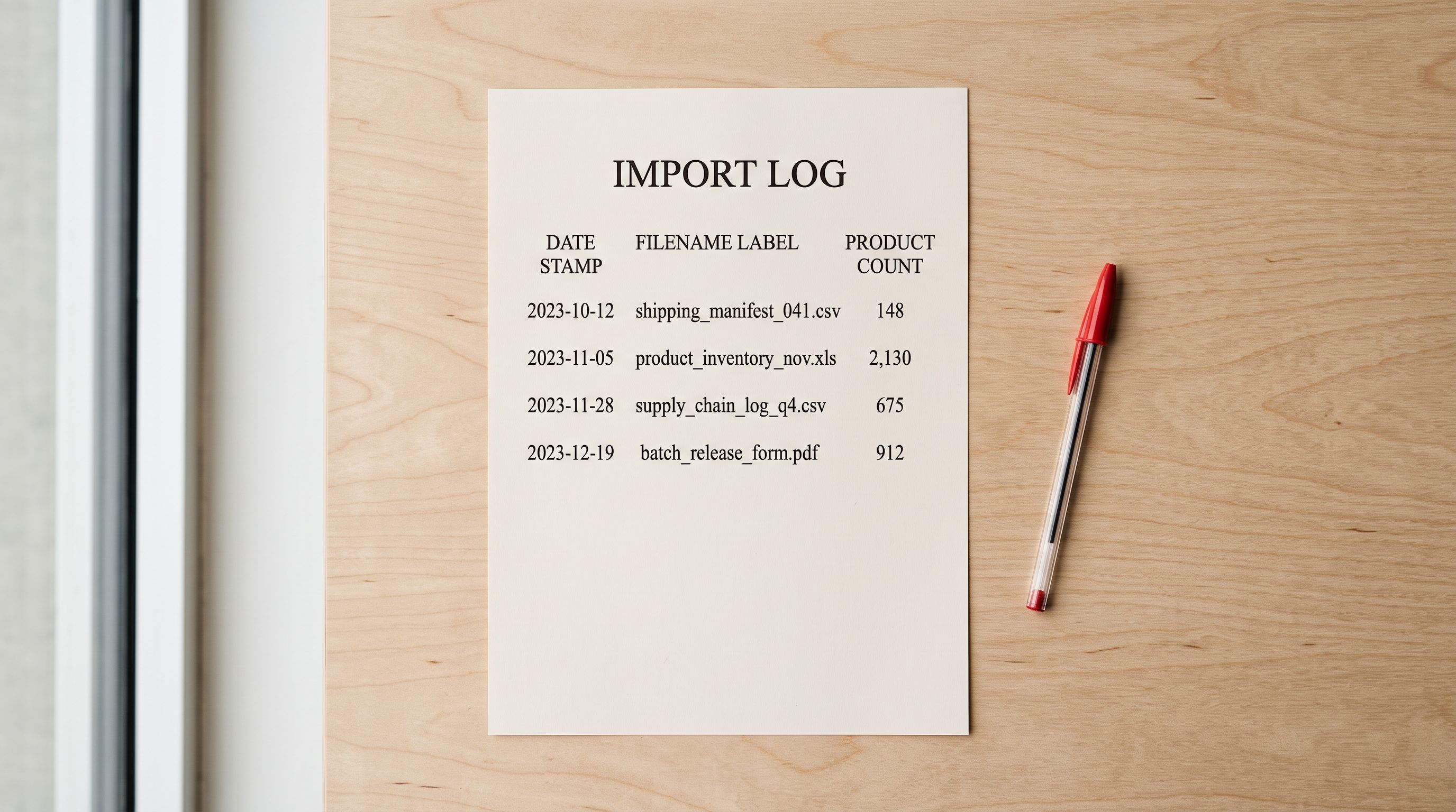 A printed four-row import log on white card stock resting on a pale birchwood surface, each row showing a date stamp, a filename label, and a product count number in three separate columns, a red pen beside the sheet.