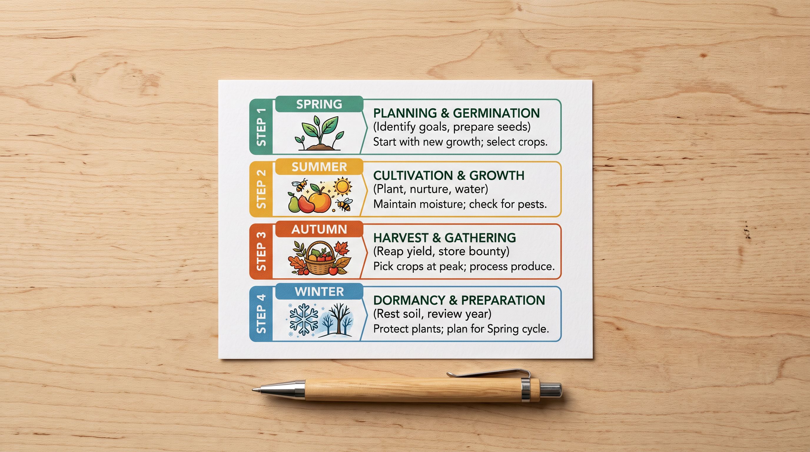 A printed four-step seasonal workflow diagram on white card stock resting on a light timber desk, each step shown in a separate horizontal row with a seasonal icon and a brief label, a pen resting across the bottom of the card.