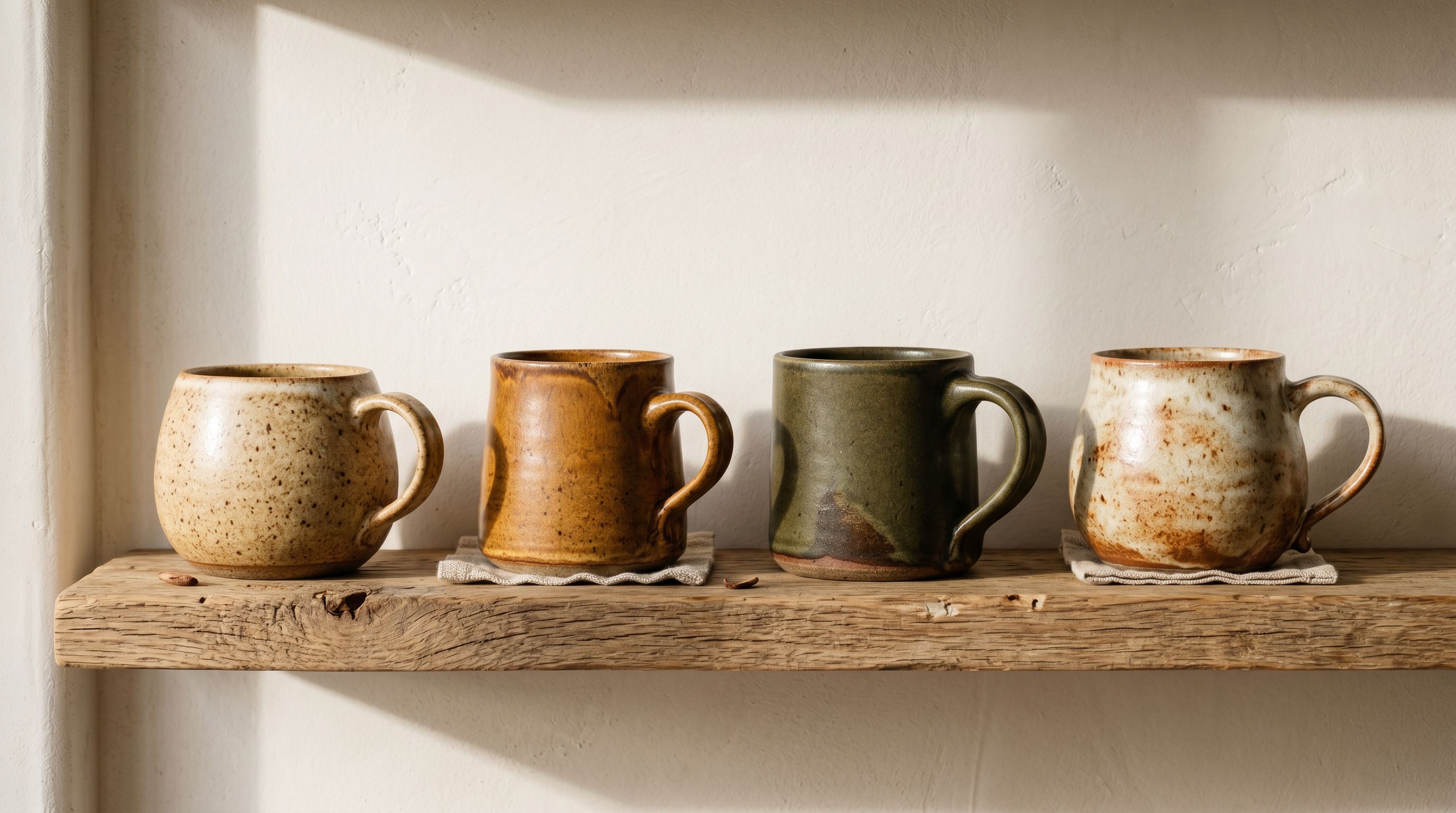 Row of handcrafted ceramic mugs in muted earth tones on a kitchen shelf photographed under warm morning light.