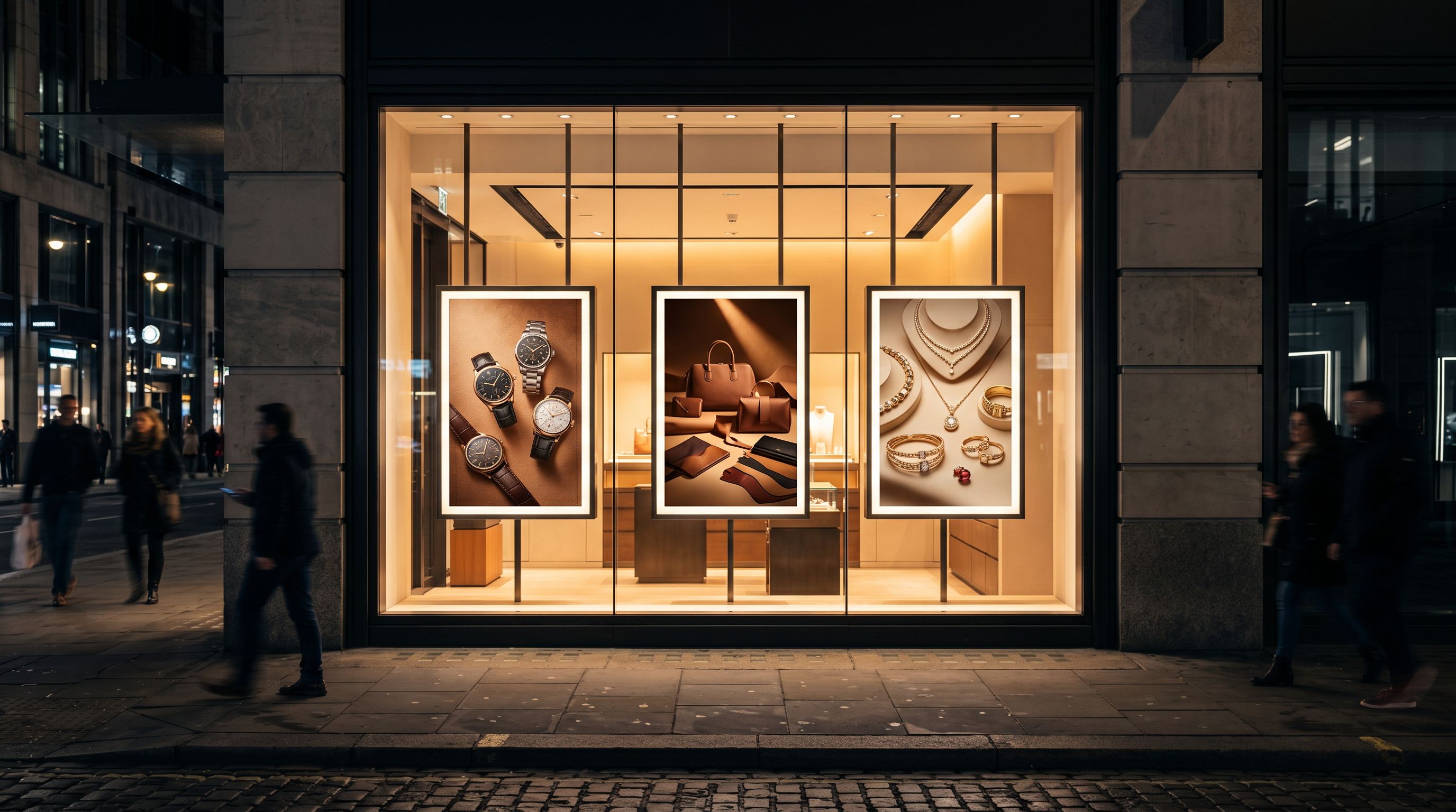 Retail shop window exterior at night with product display boards illuminated inside.