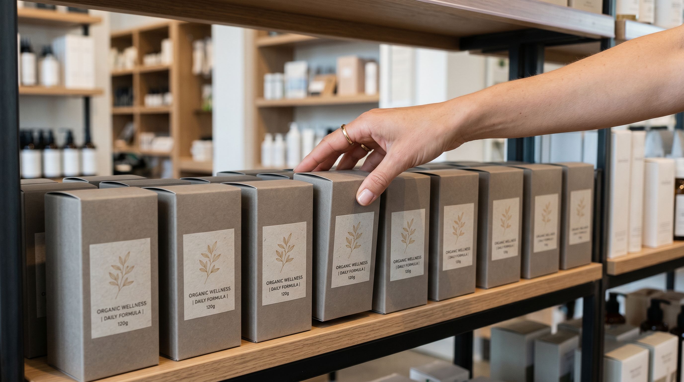 Hand selecting one product package from a neat row on a retail shelf.