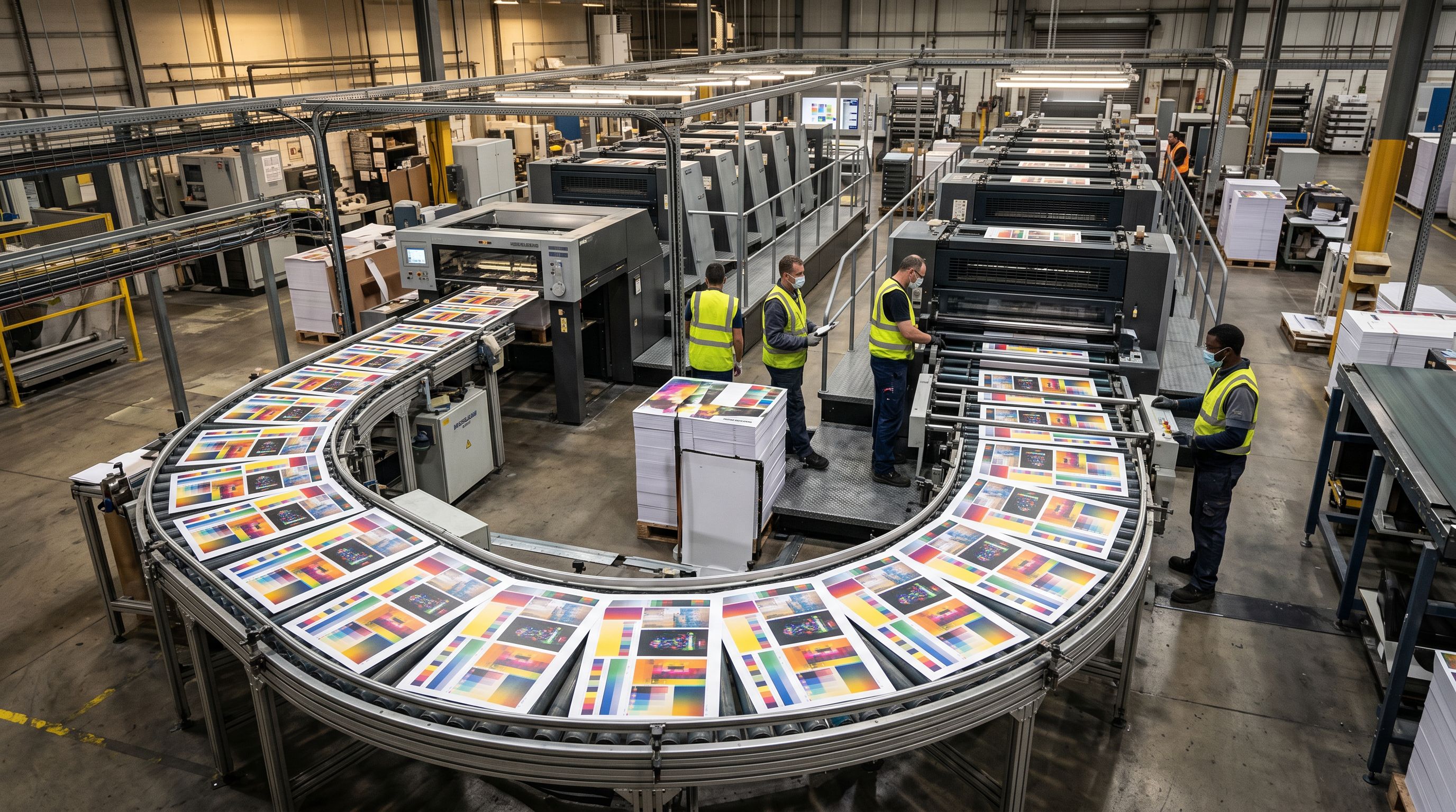 Industrial print production line with sheets moving through automated rollers in sequence.