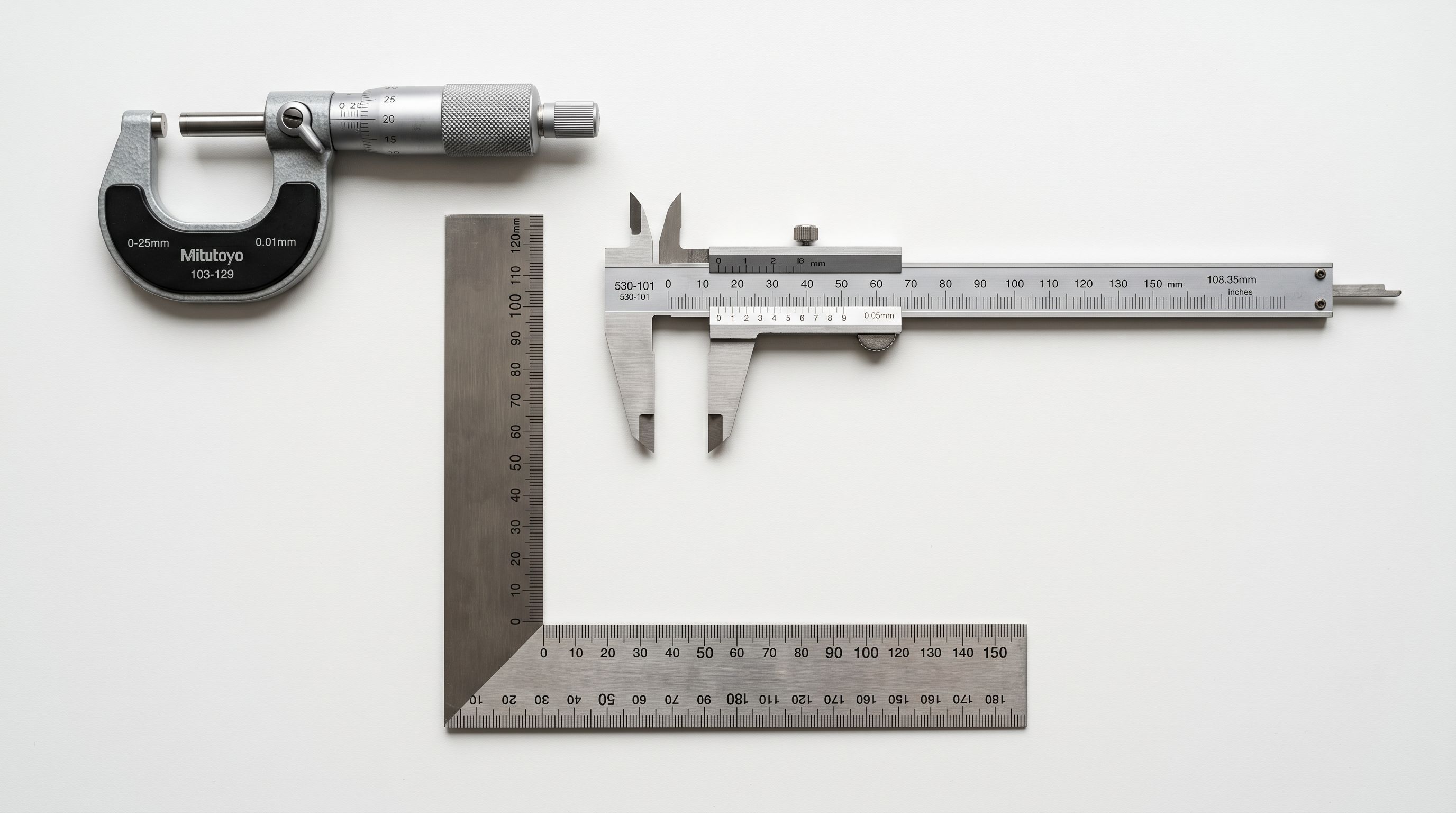 Precision stainless steel calibration instruments arranged geometrically on white surface.