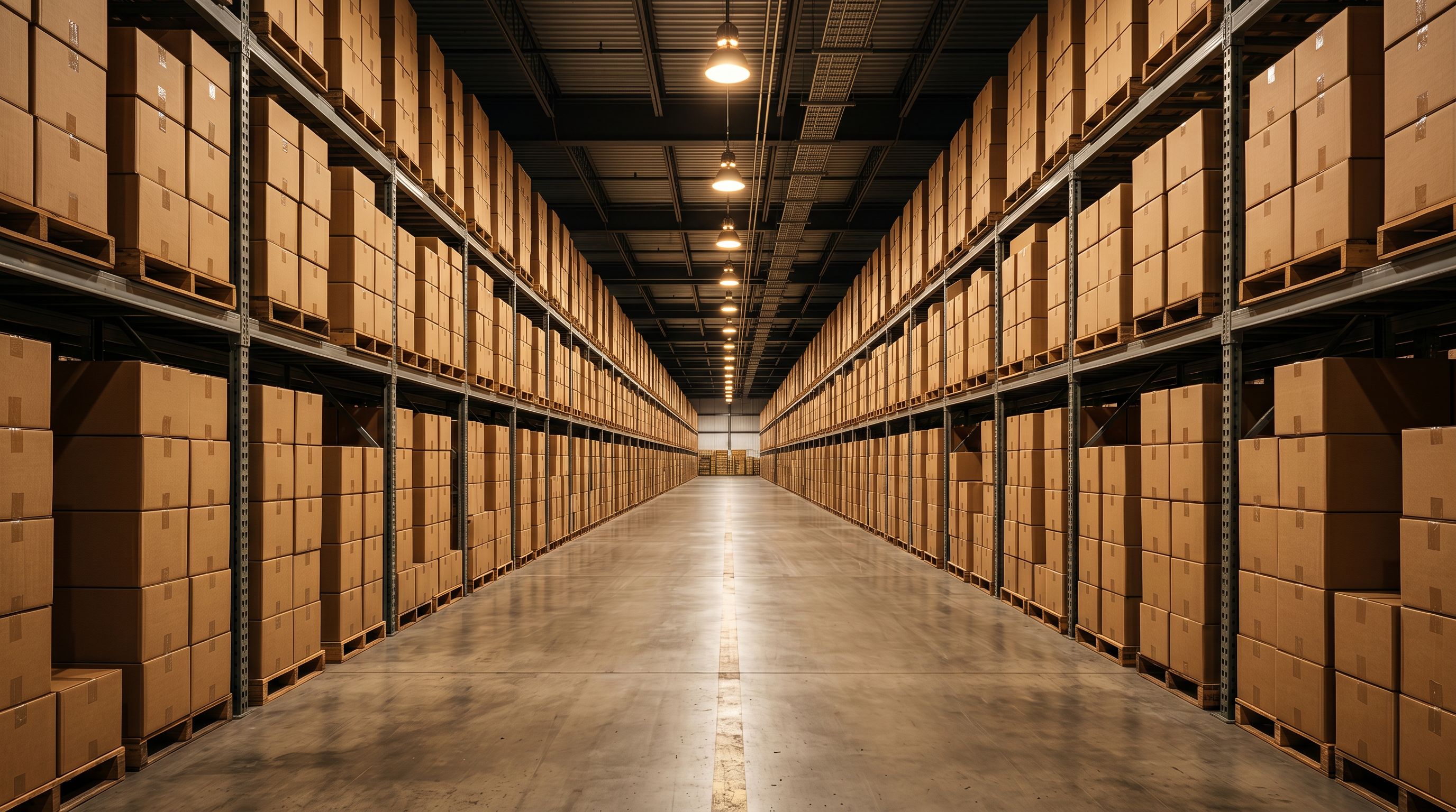 Long warehouse aisle with identical product cartons stacked floor to ceiling on both sides.