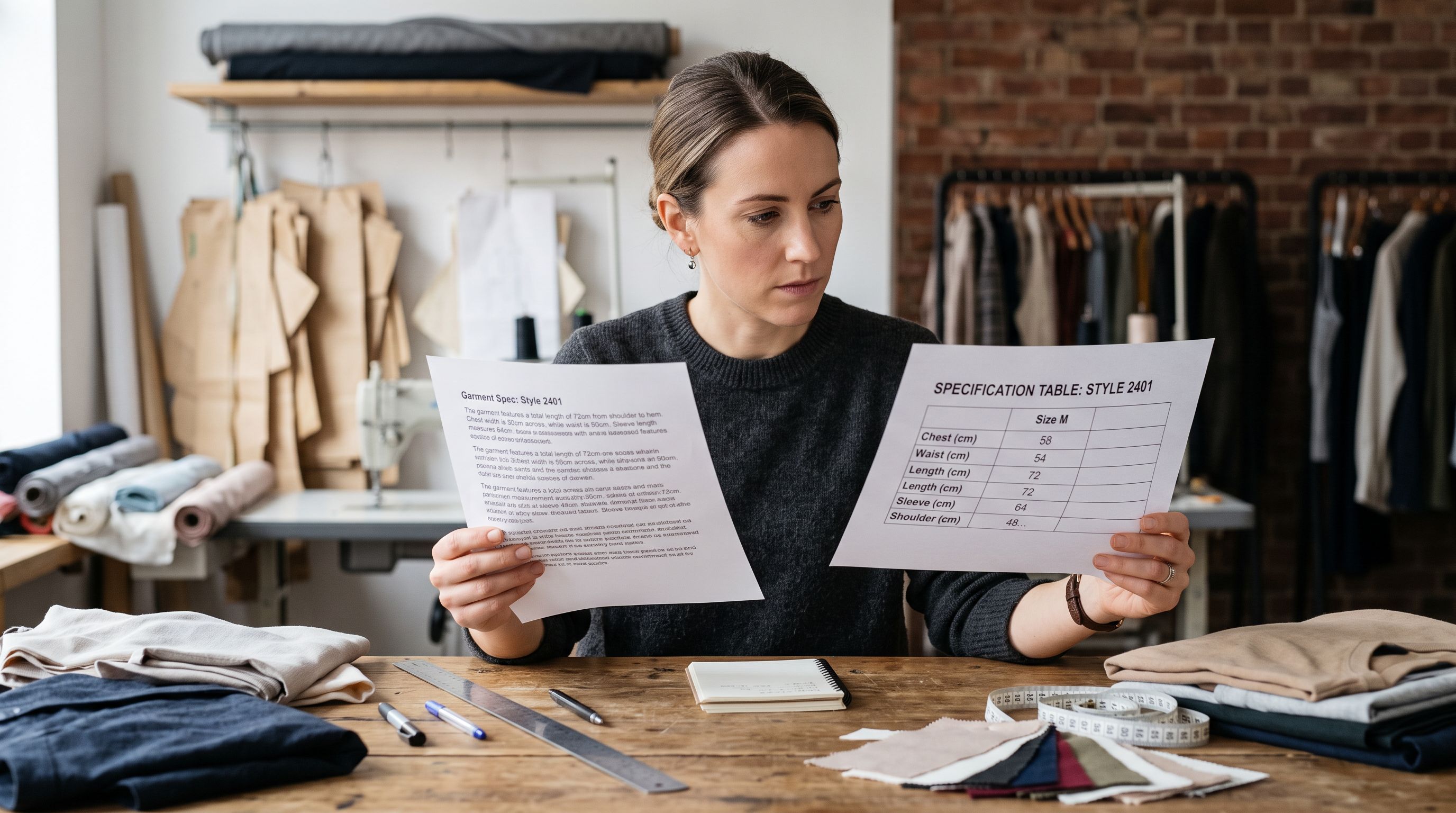 Clothing retailer at a desk comparing two printed garment specification sheets side by side, one showing measurements as dense paragraph text and the other as a clean structured table with labelled columns.