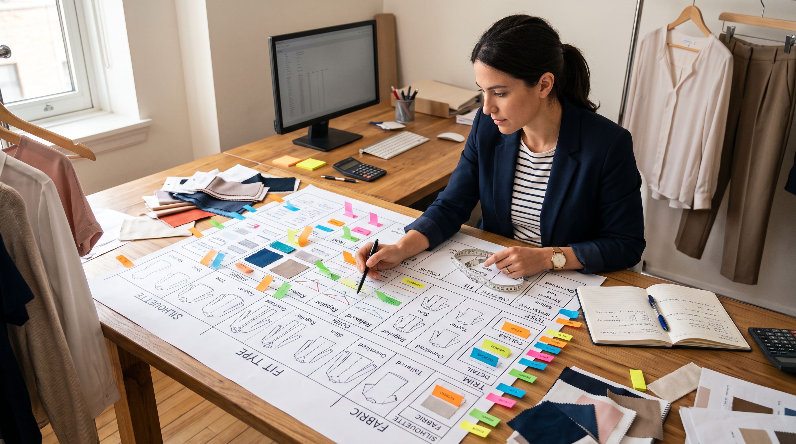Merchandise planner at a workbench reviewing a garment attribute reference chart spread flat with coloured adhesive tabs marking different product category attribute sections.
