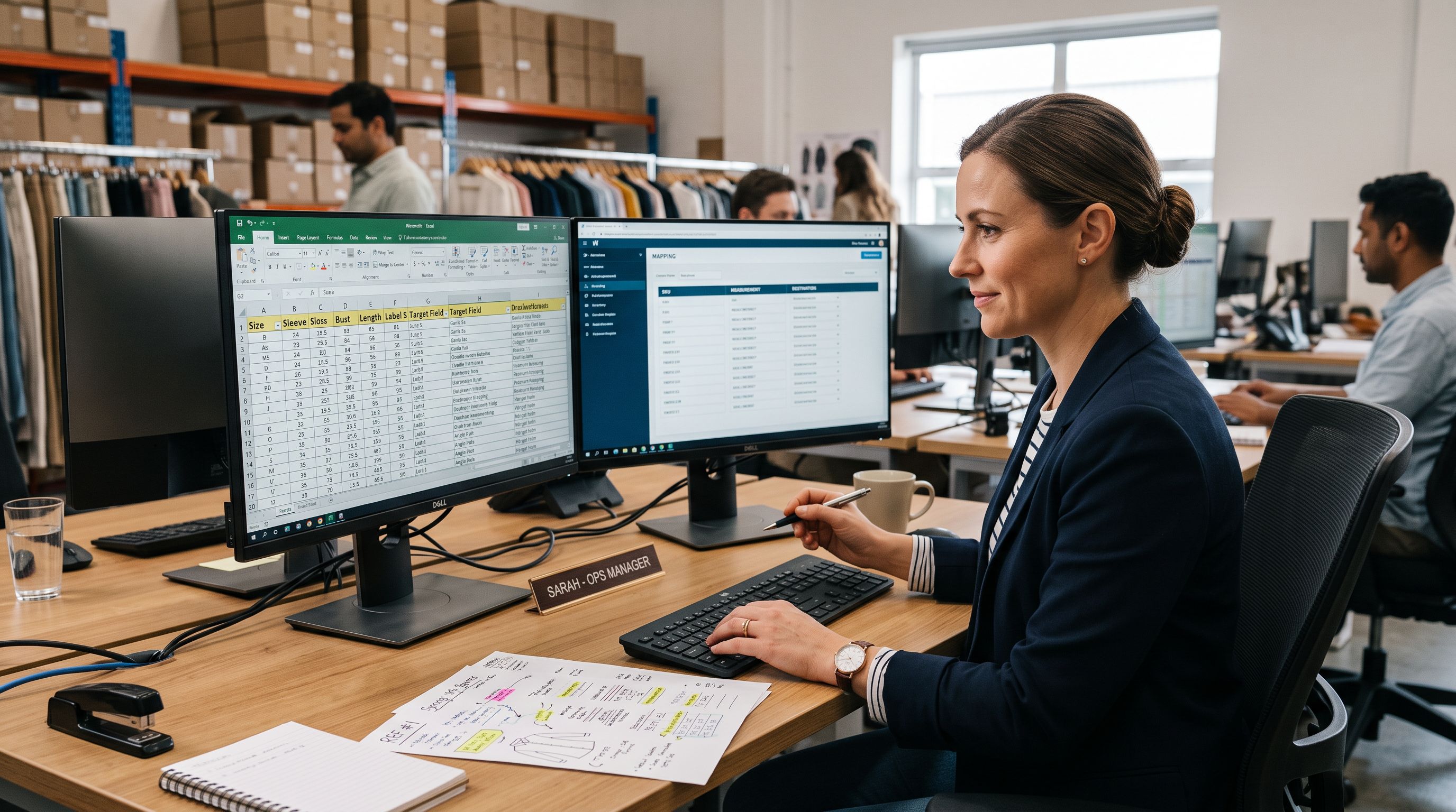 E-commerce operations manager at a dual-monitor workstation reviewing a spreadsheet showing garment measurement columns mapped to destination field labels, with an annotated reference sheet beside the keyboard.