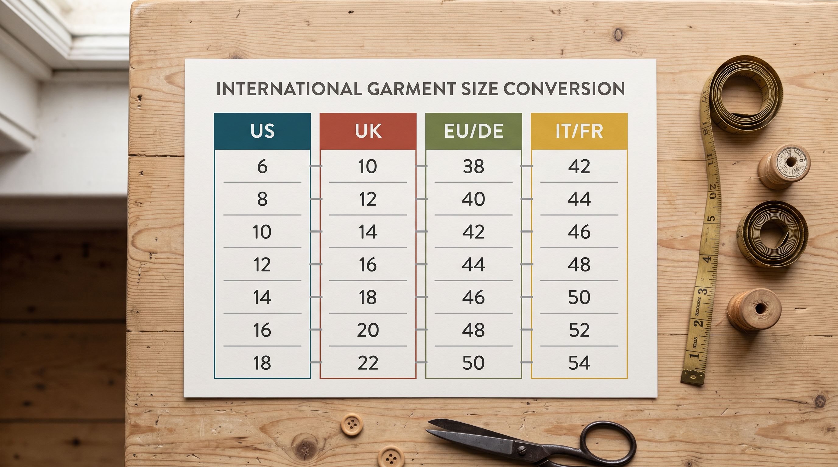 International garment size conversion reference chart spread flat on a light wooden desk with four distinctly coloured column sections representing different country size standards.