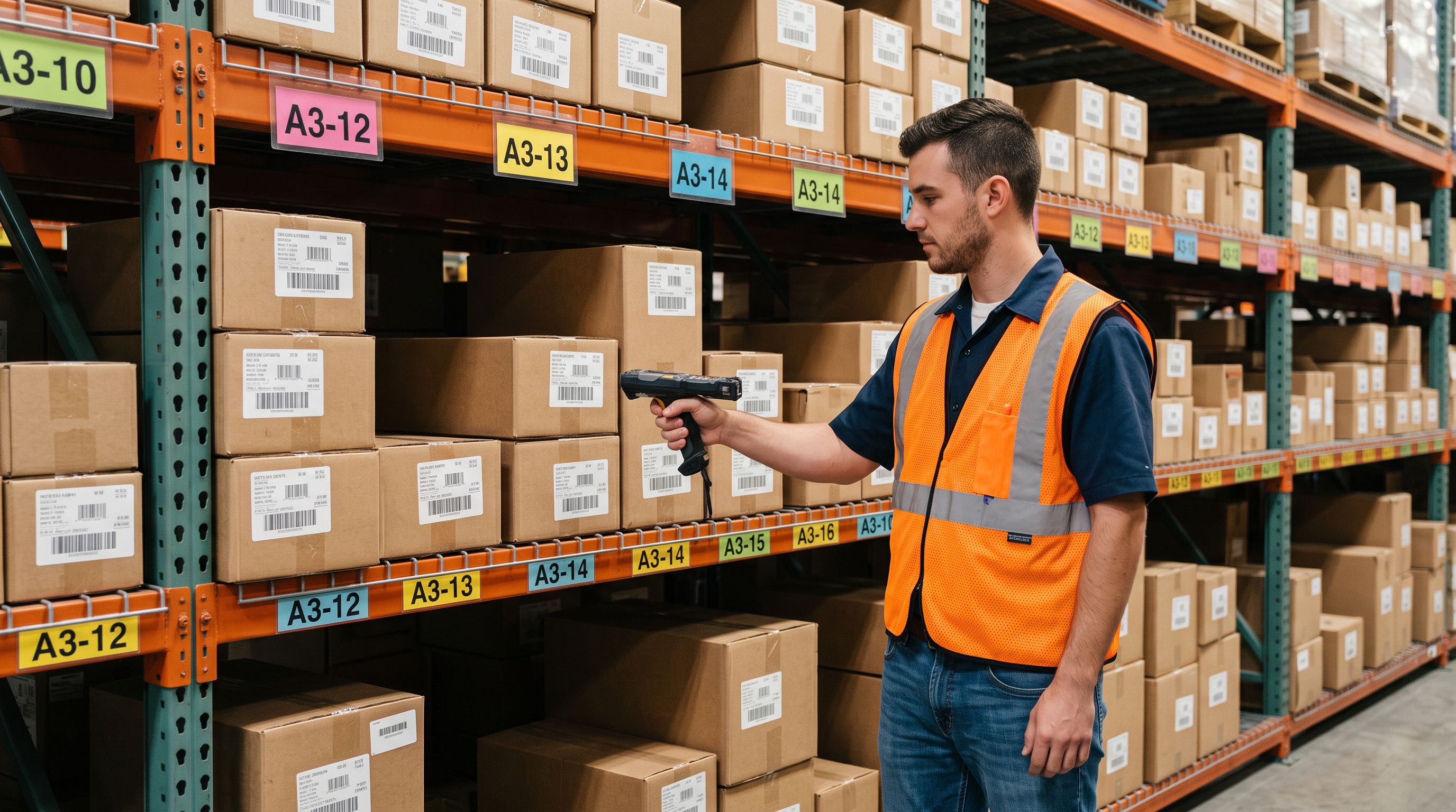 A warehouse worker scanning product barcodes at a shelving unit with numbered bin location tags.