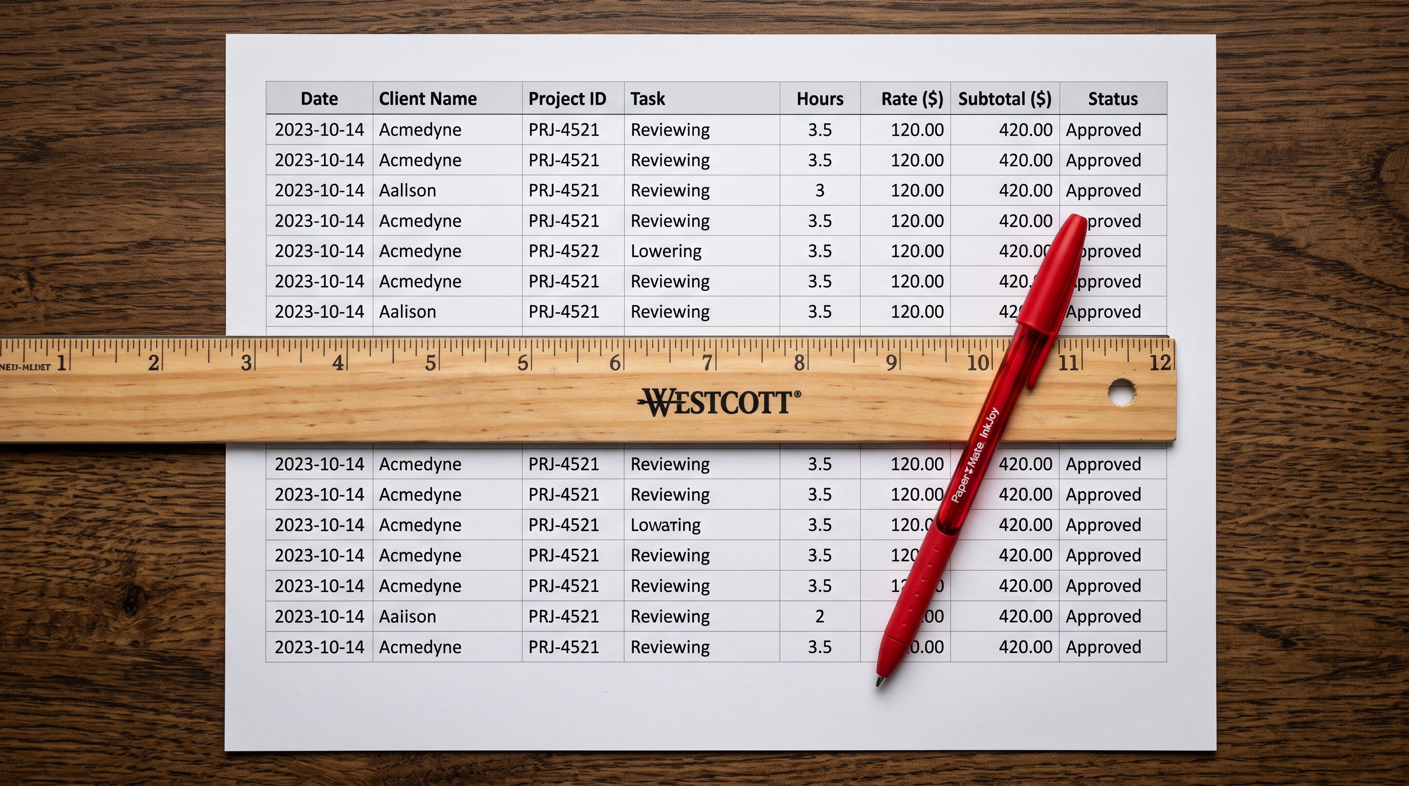 A printed spreadsheet with column headers and a red pen marking data rows for review.