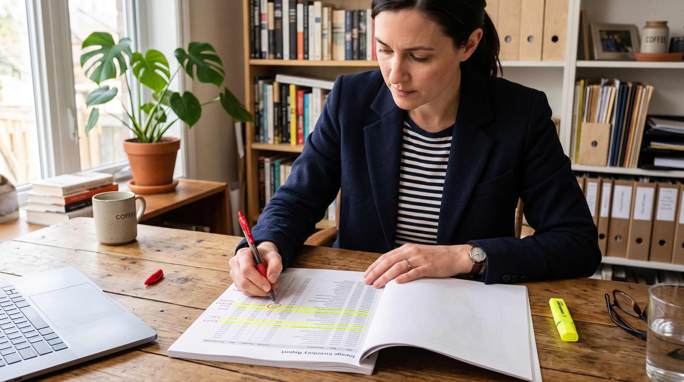 A person reviewing a printed inventory report with yellow highlights and red correction marks.