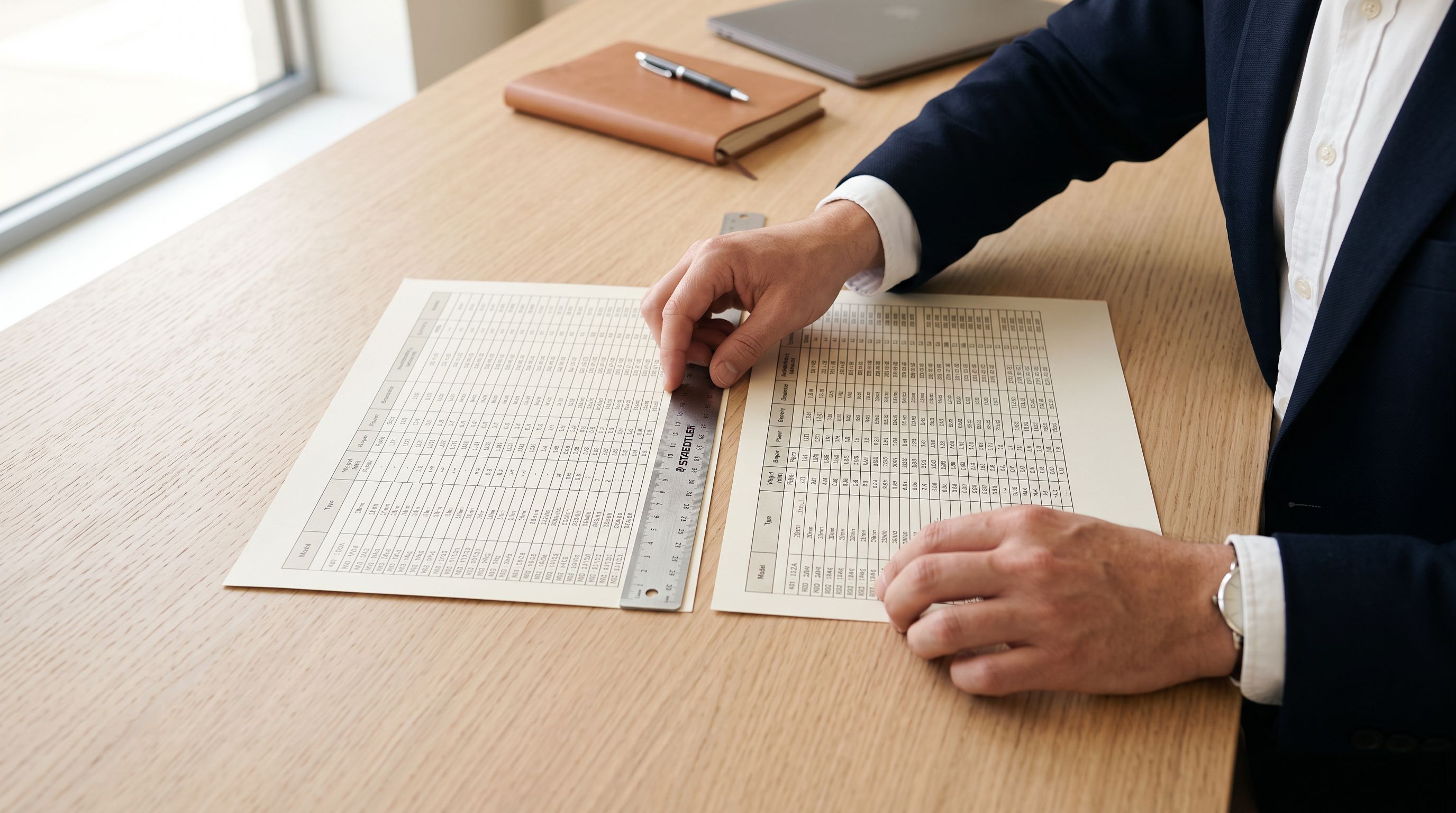 Two printed product data sheets compared side by side using a ruler on a desk.
