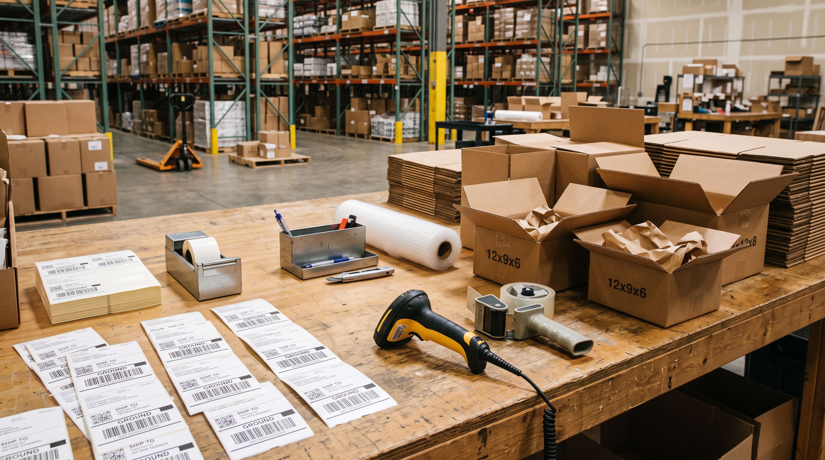 A warehouse packing bench with barcode scanner, shipping labels, and open cardboard boxes waiting for order fulfilment routing.