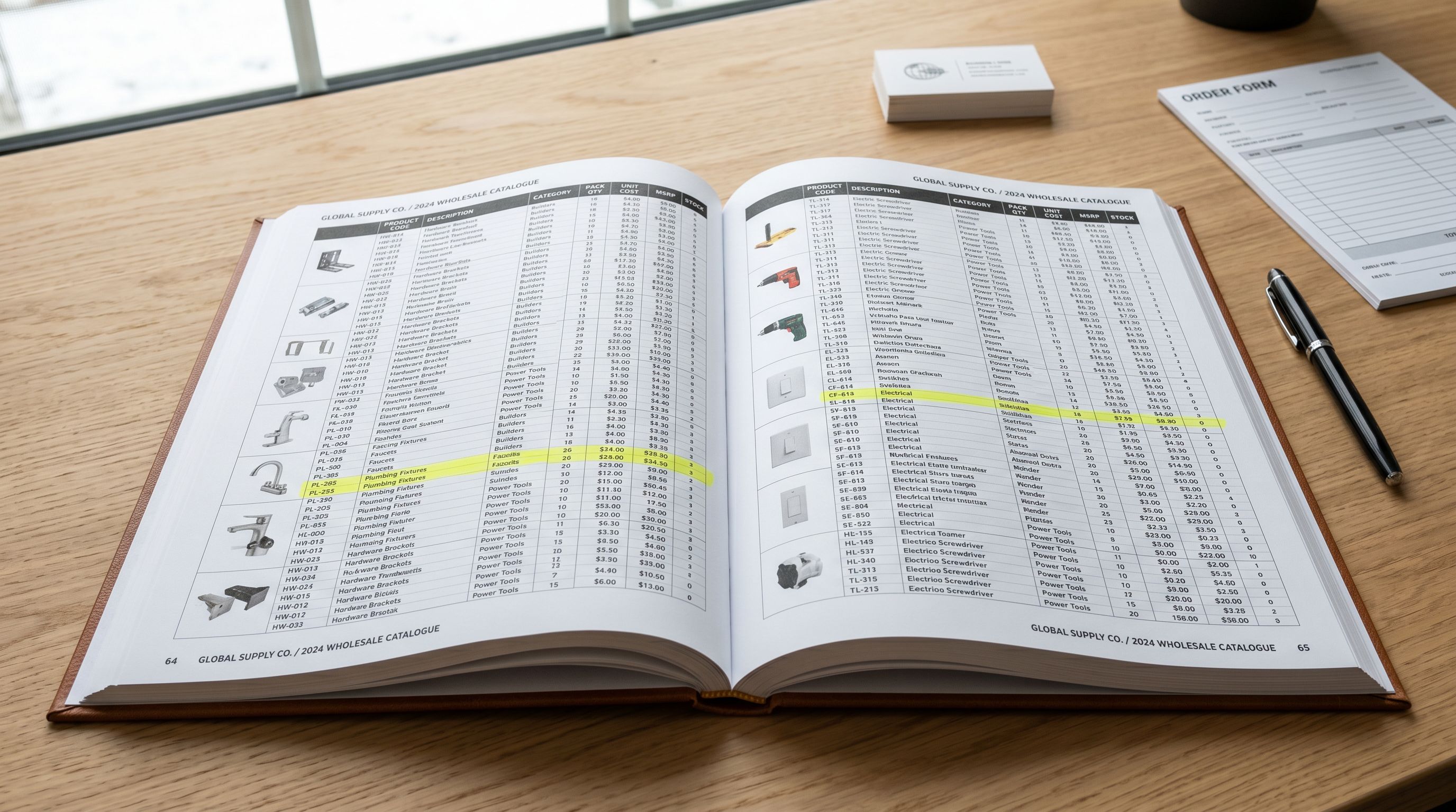 Wholesale product catalogue open on a desk with highlighted category and product code columns showing supplier data.