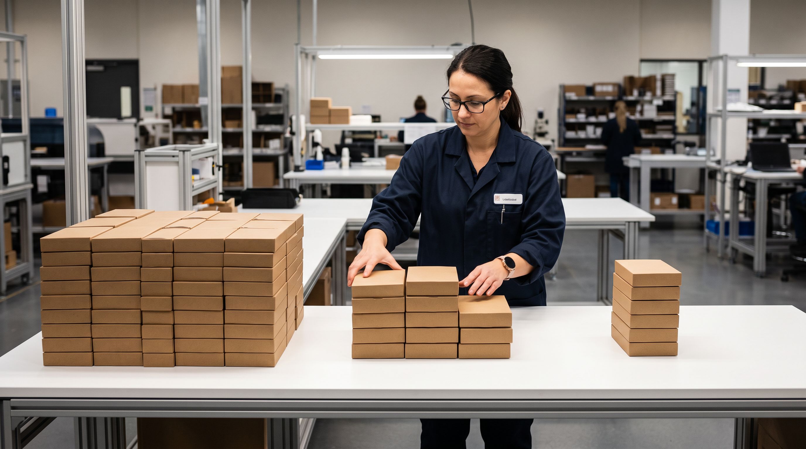 Quality control inspector sorting product packages into three separate priority groups on a white workbench