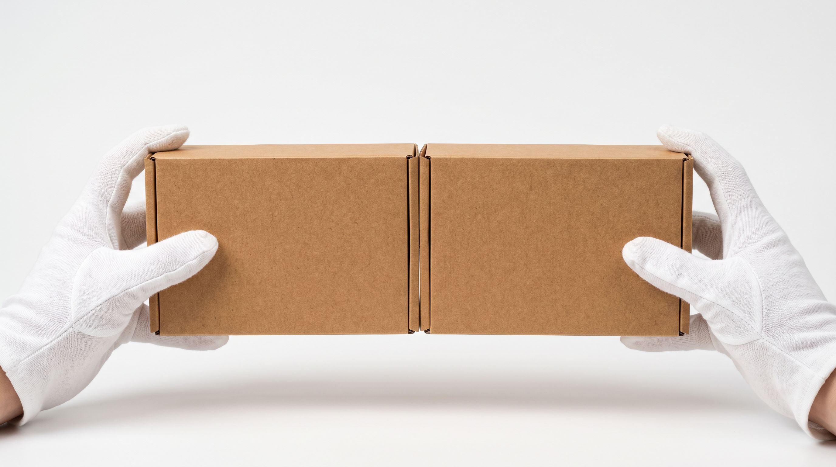 Two identical retail product boxes held side by side in gloved hands for careful comparison