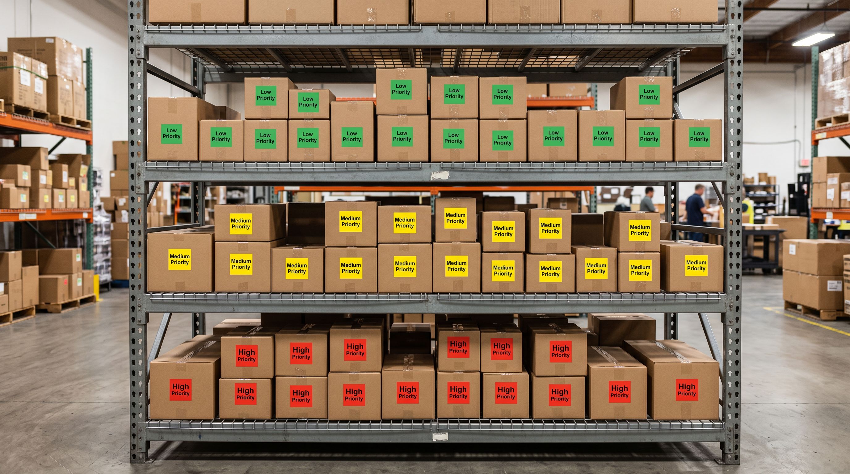 Warehouse shelving with product boxes tagged in colour-coded red, yellow, and green priority tiers