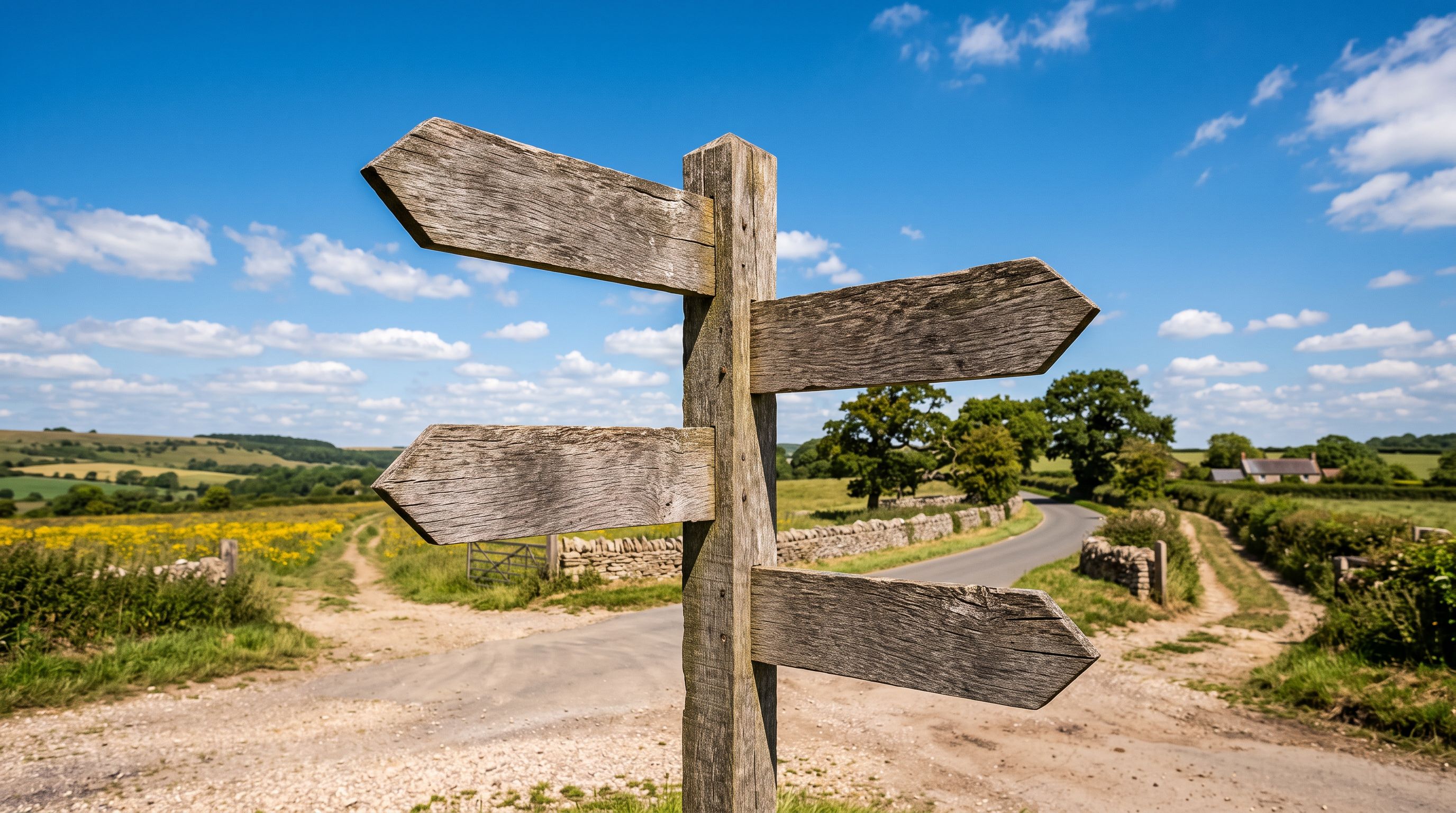 Multi-directional wooden signpost with four arrow signs at an outdoor intersection representing URL redirect decisions after a store acquisition