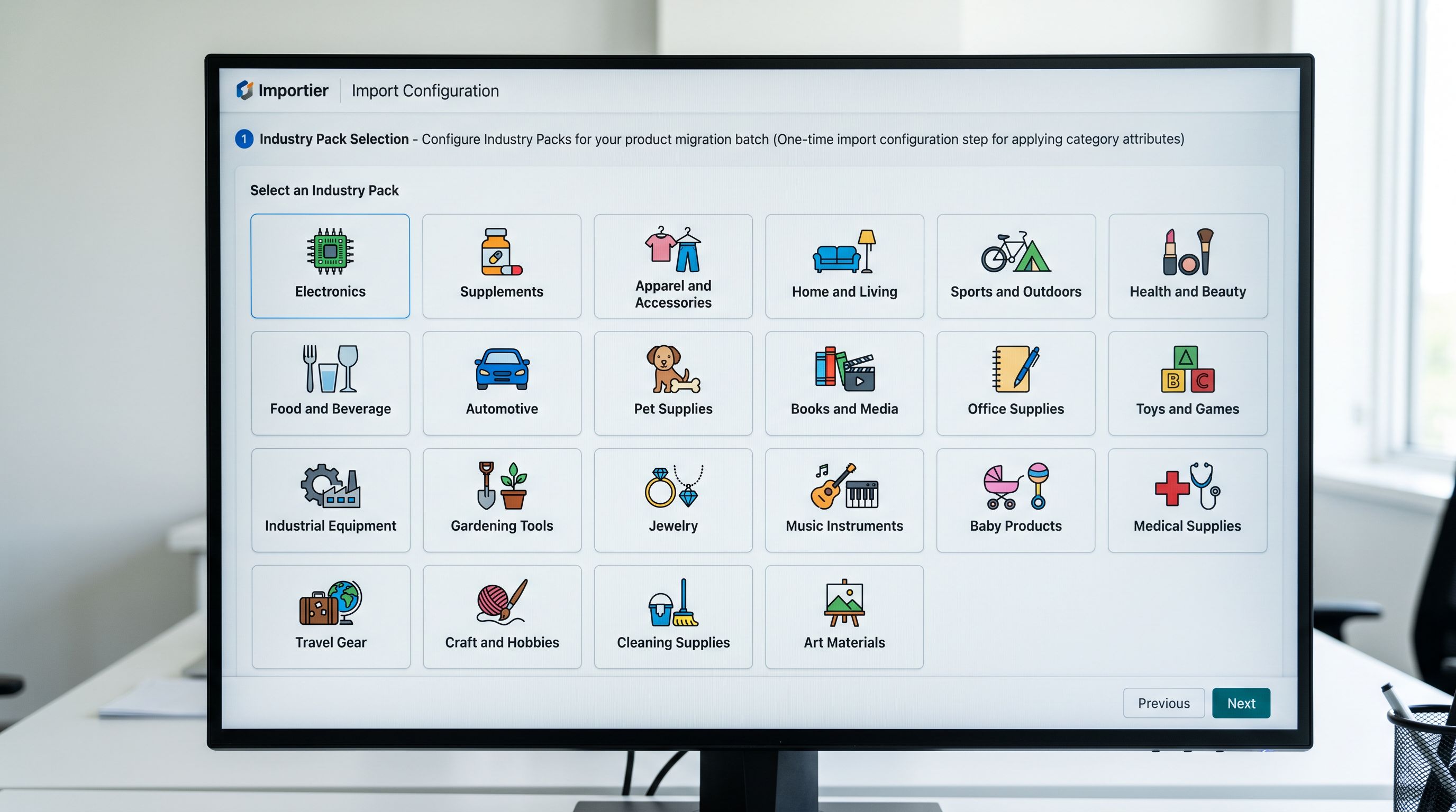 An Importier import configuration screen on a large monitor showing the Industry Pack selector open with a grid of 22 industry pack cards including Electronics, Supplements and Vitamins, Apparel and Accessories, and Home and Living, representing the one-time configuration step that applies category metafields across an entire product batch during migration, everything in sharp focus no blur no depth of field, colour photography.