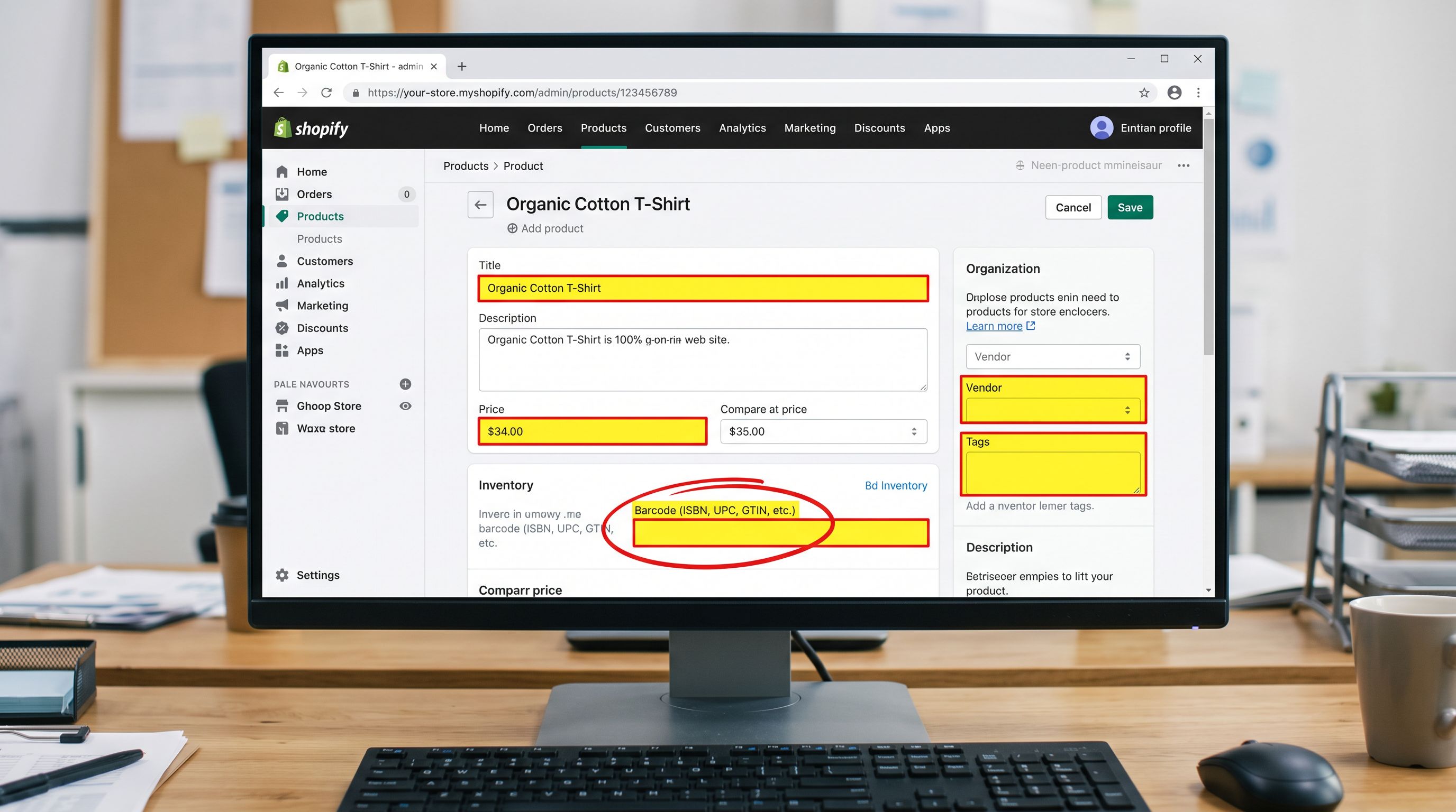 A Shopify admin product editor on a large monitor showing a partially filled product record from a recent migration with missing fields highlighted including blank GTIN barcode field, missing vendor name, and empty tags column, representing the kind of data quality gap that QA review catches before products go live, everything in sharp focus no blur no depth of field, colour photography.
