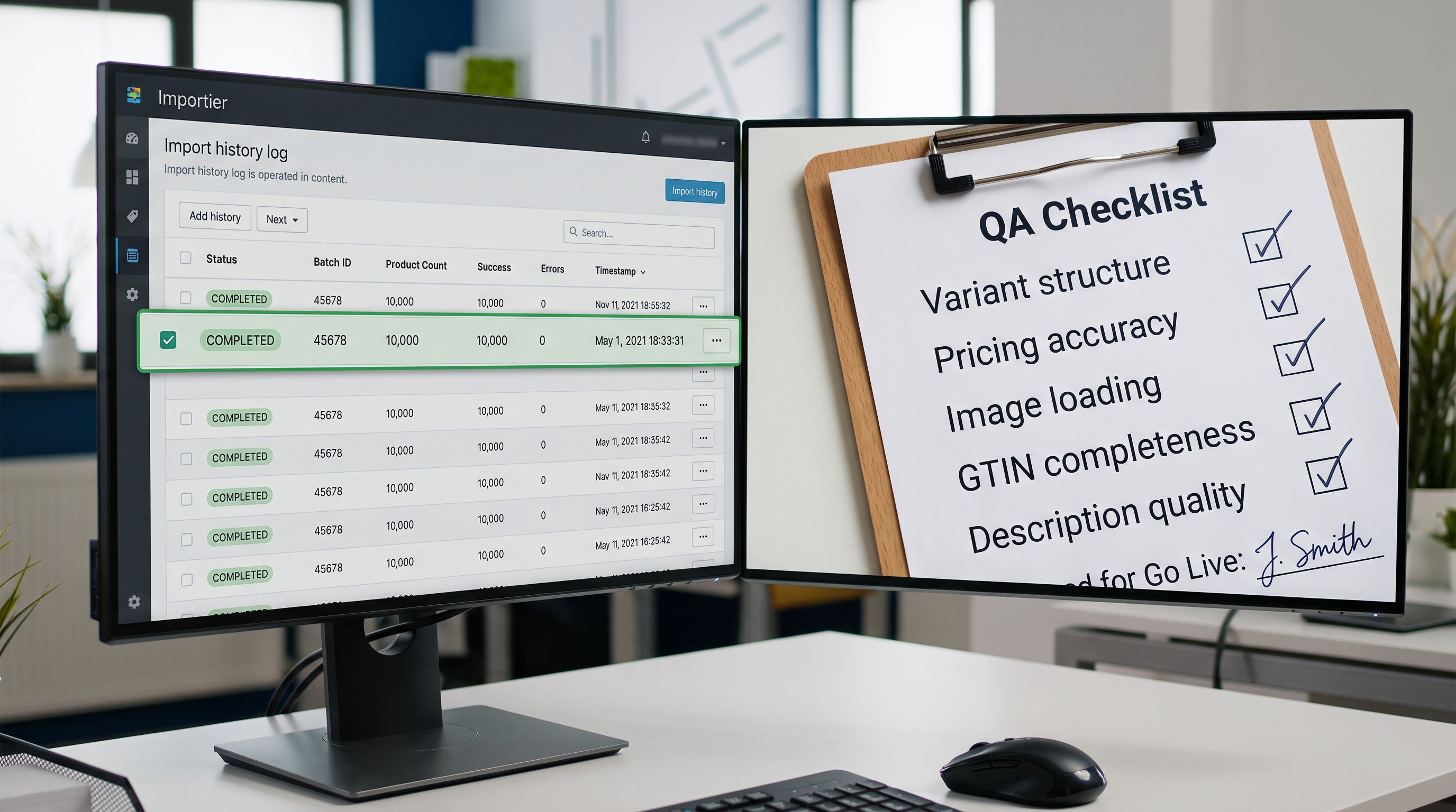 A Shopify admin import history log on a large monitor showing a completed batch import of 10,000 products with a green success status, alongside a QA review checklist with checkboxes for variant structure, pricing accuracy, image loading, GTIN completeness, and description quality, representing the structured review process that validates a migration before products go live, everything in sharp focus no blur no depth of field, colour photography.