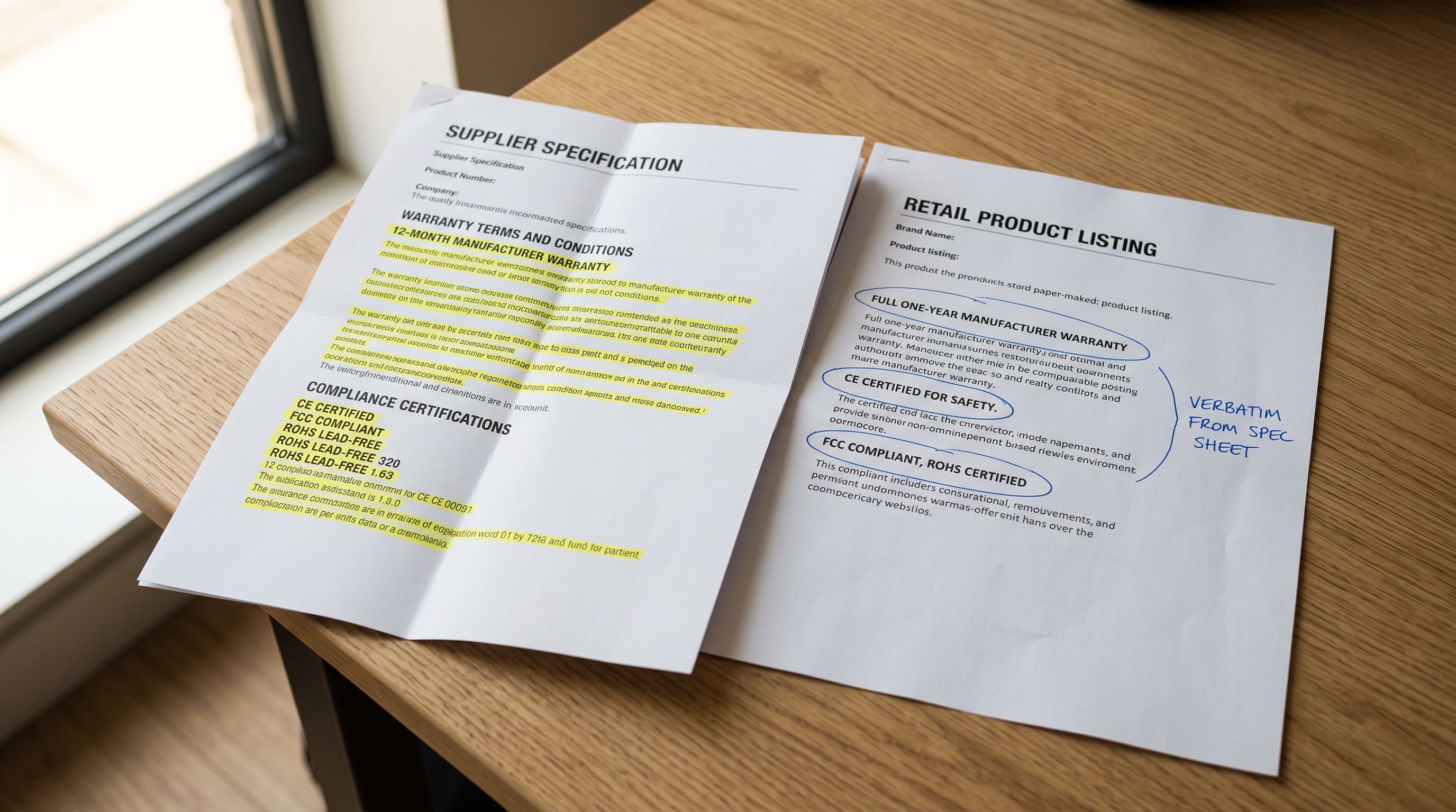 Supplier specification document with warranty terms highlighted in yellow marker, placed beside a retail product listing with compliance clauses circled in blue pen