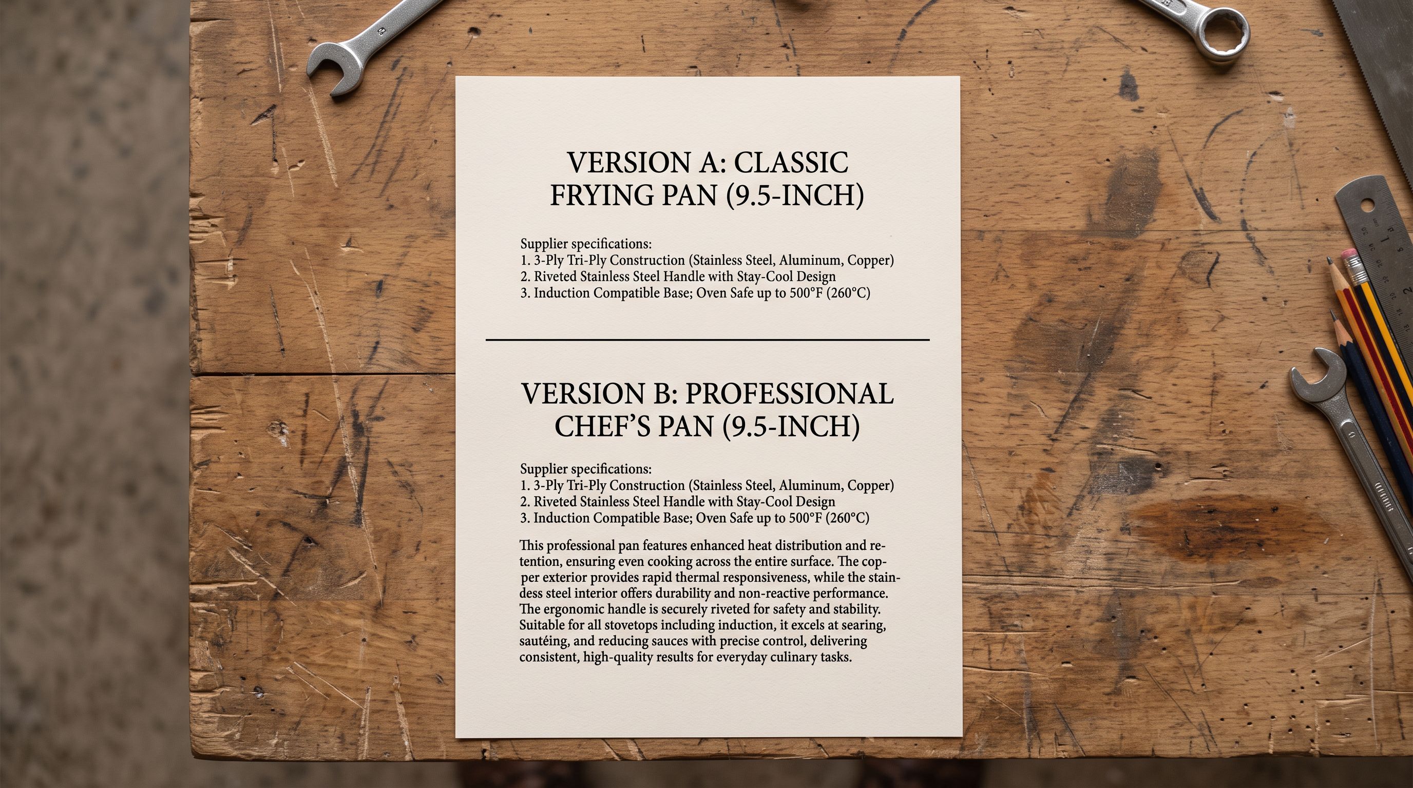 Product description comparison sheet on a workbench showing a brief supplier specification at top and the same specification followed by a full benefits paragraph below, separated by a horizontal line