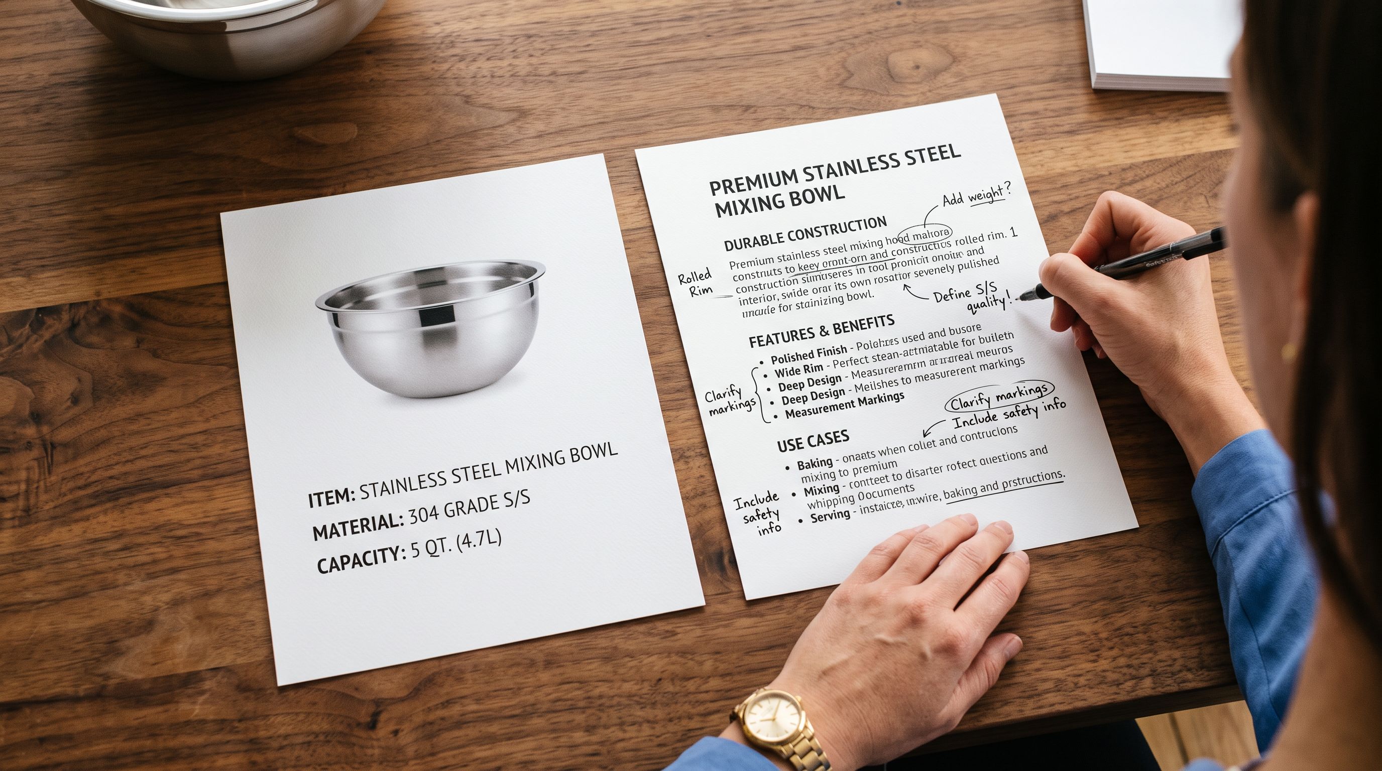 Two printed product specification sheets for the same stainless steel mixing bowl arranged side by side on a table, the left card showing a minimal supplier specification and the right card showing a comprehensive product description with annotations