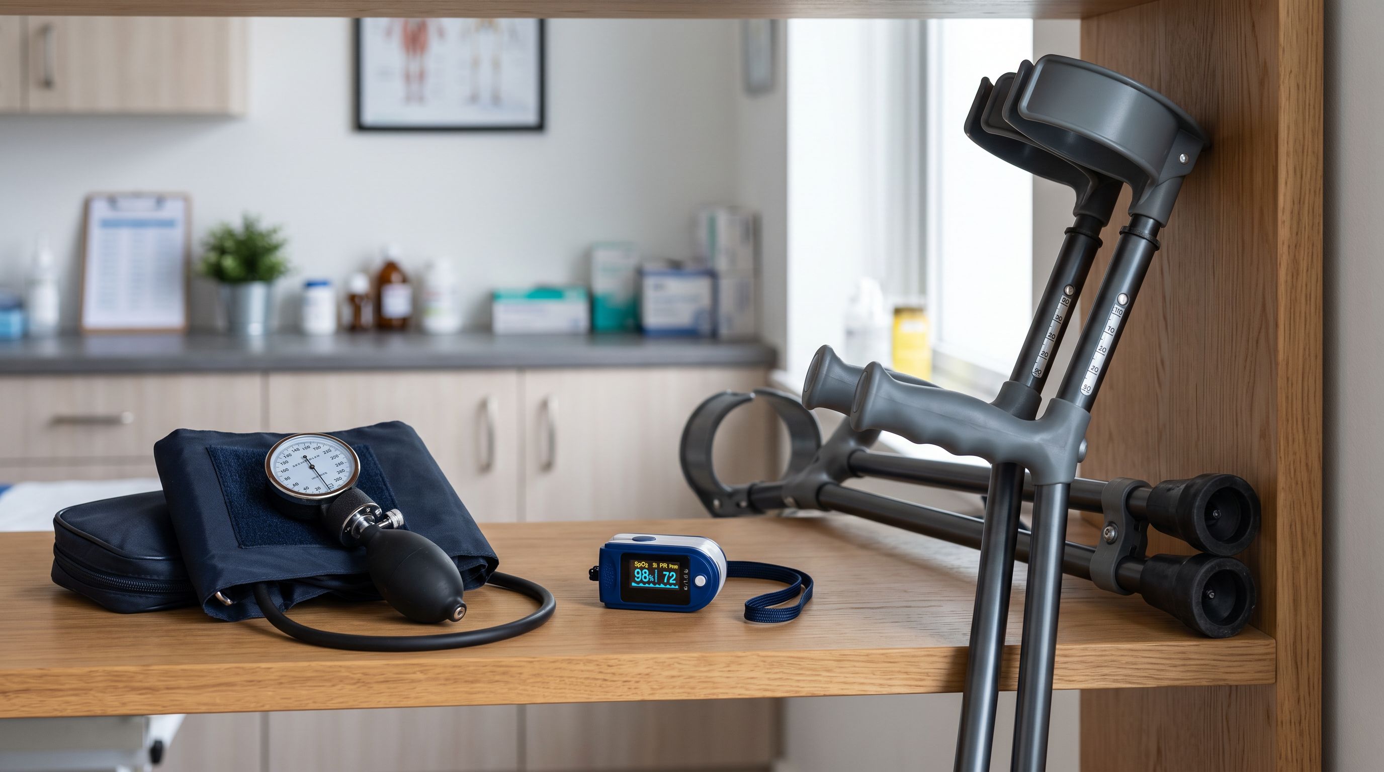 Medical equipment items including pulse oximeters and blood pressure cuffs arranged on a clinical supply shelf