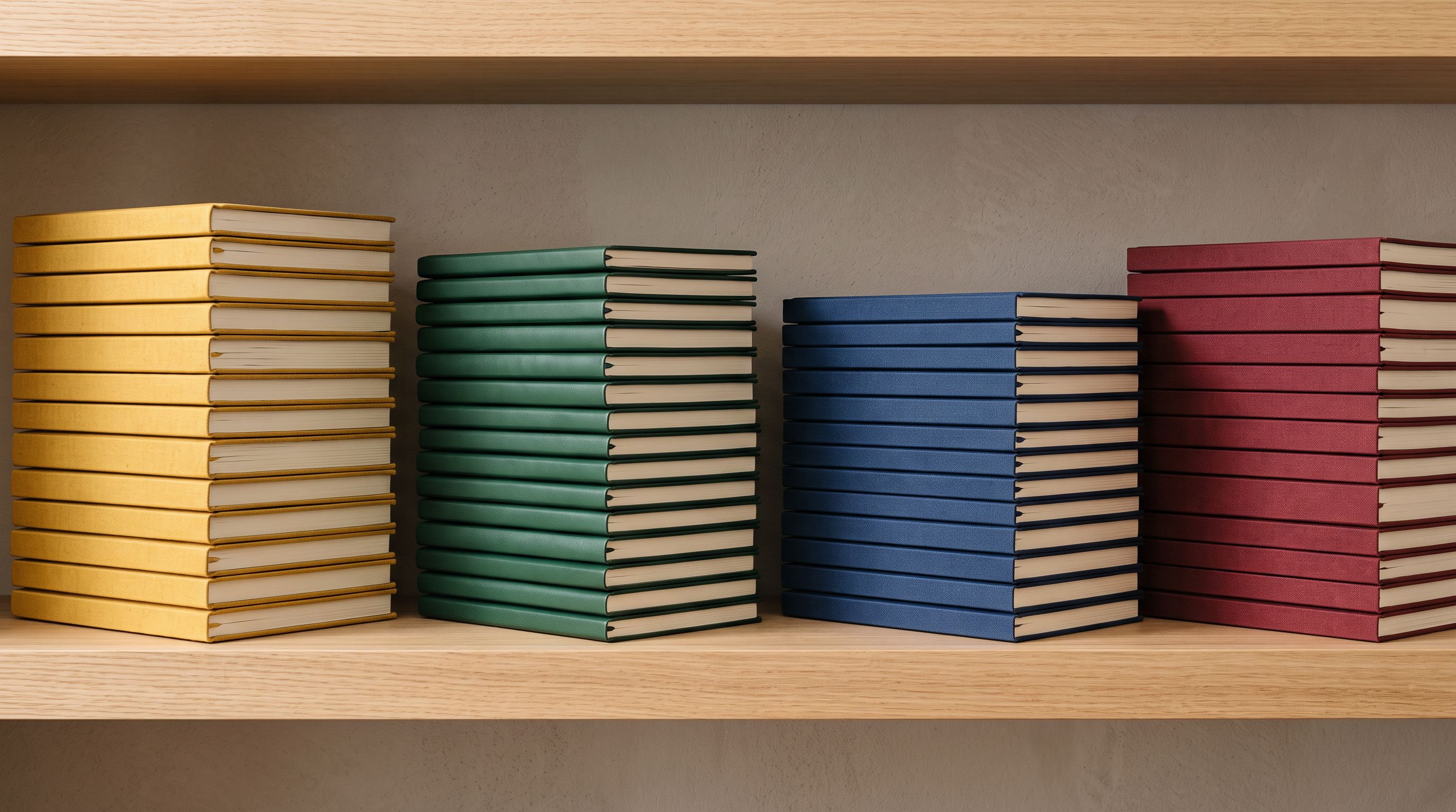Hardcover notebooks and journals organised into four colour-coded brand groups on a wide retail shelf