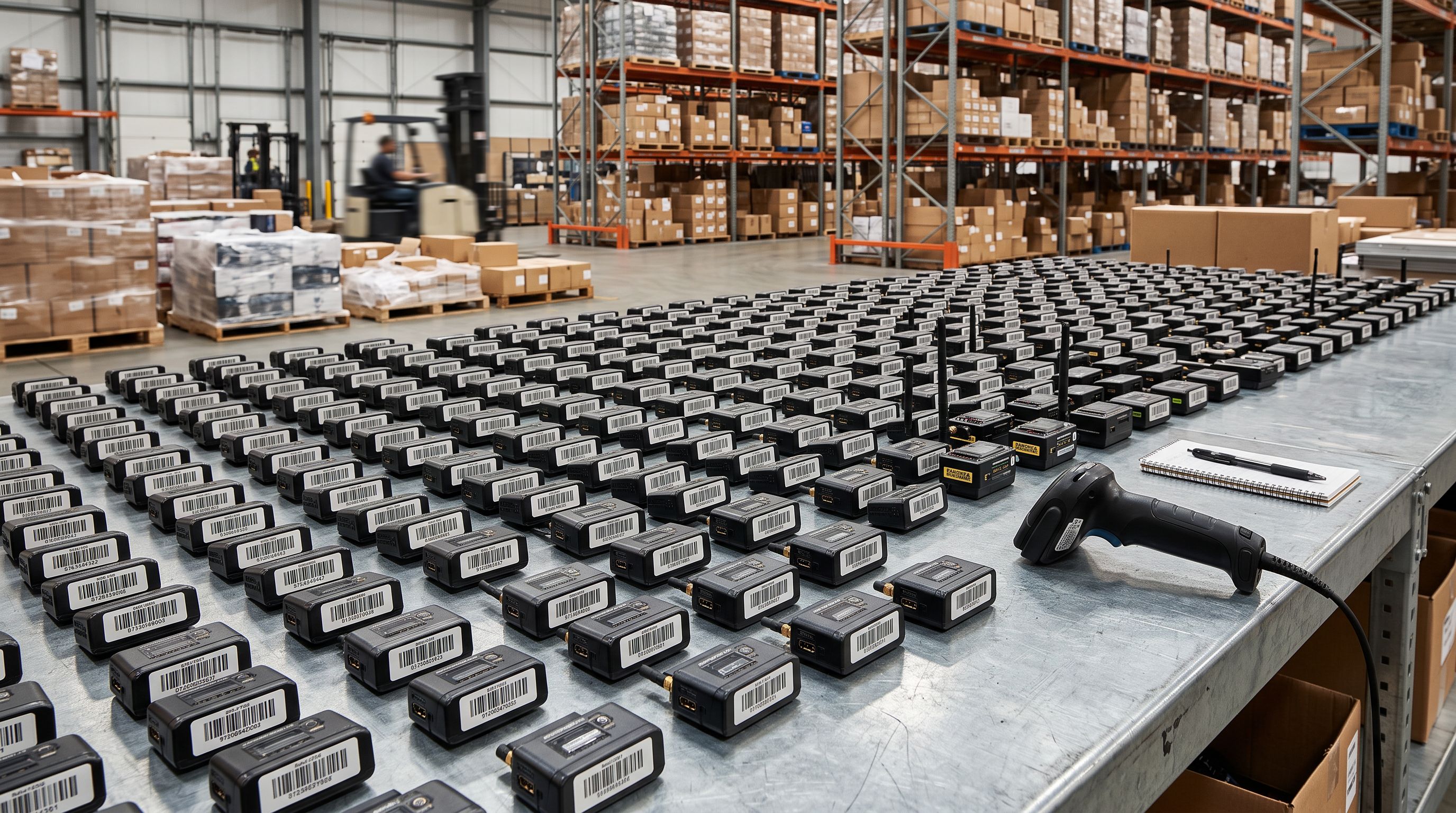 Electronics products with barcode labels being scanned with a handheld barcode reader in a warehouse