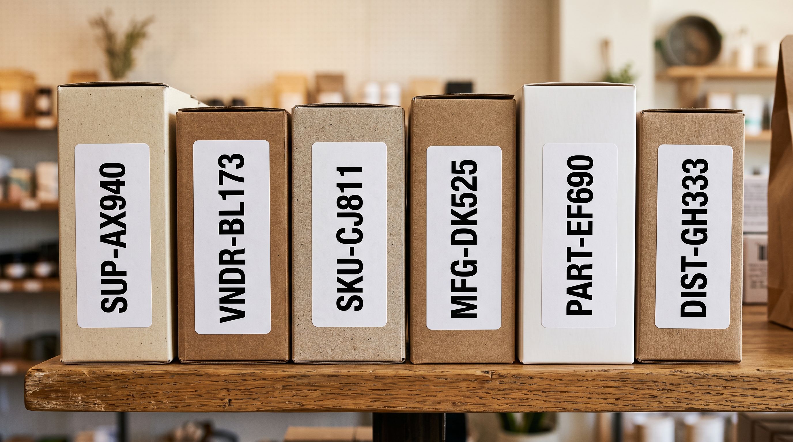 Product boxes on a retail shelf displaying SKU code labels with different alphanumeric supplier prefix codes on each box.