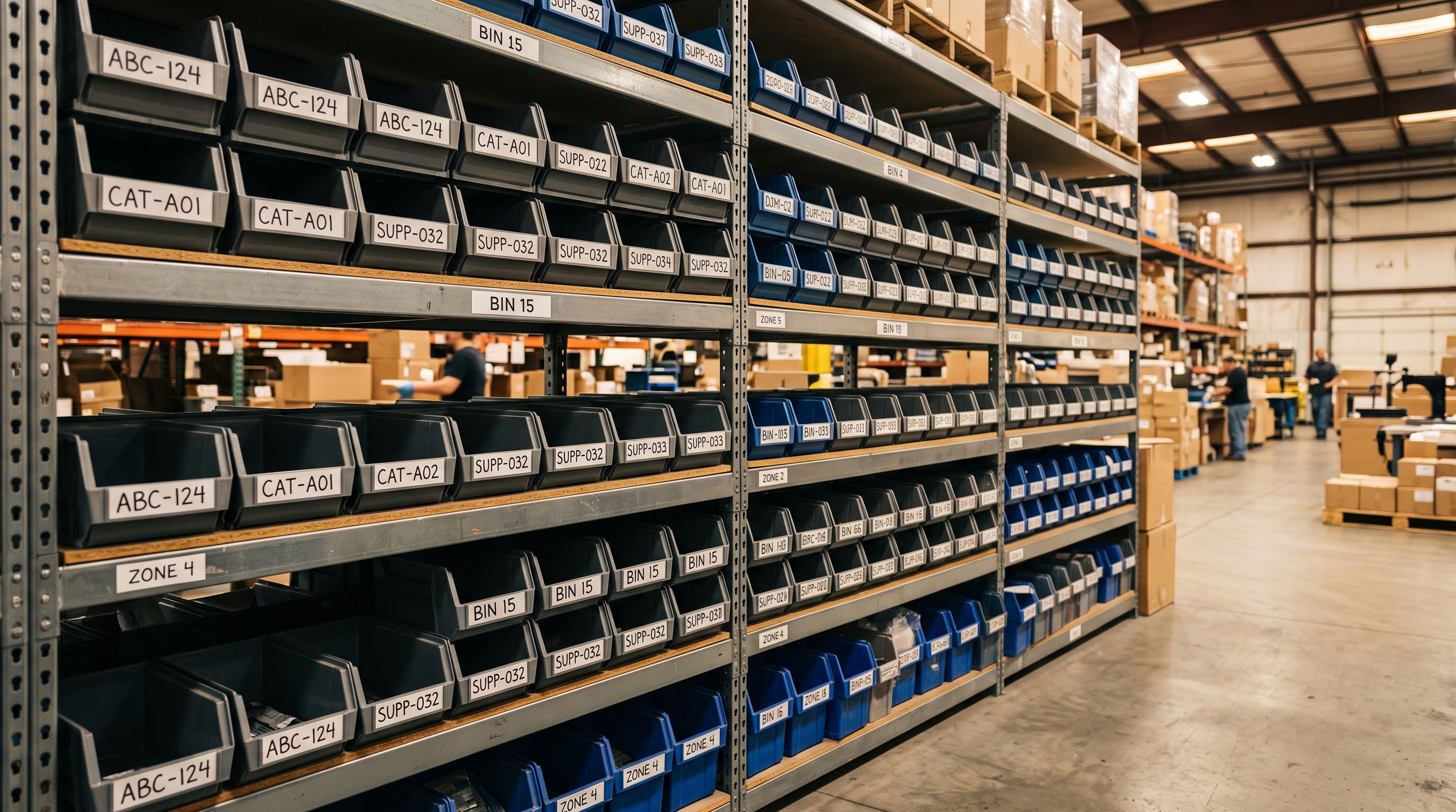 Organised inventory bins on warehouse shelving with supplier code labels identifying product groups in each section.