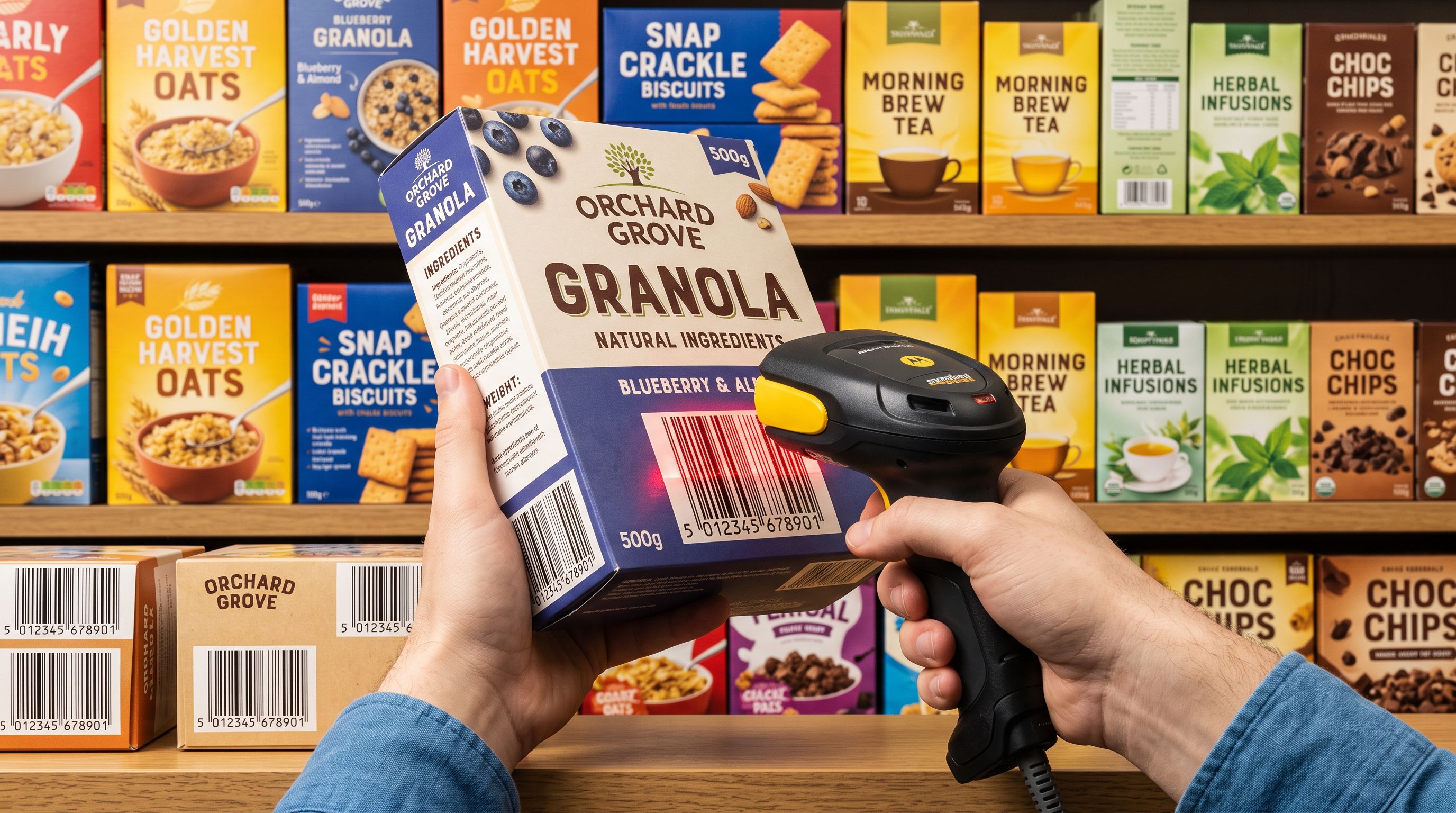 Handheld barcode scanner positioned over retail product packaging with EAN-13 barcodes in sharp focus.